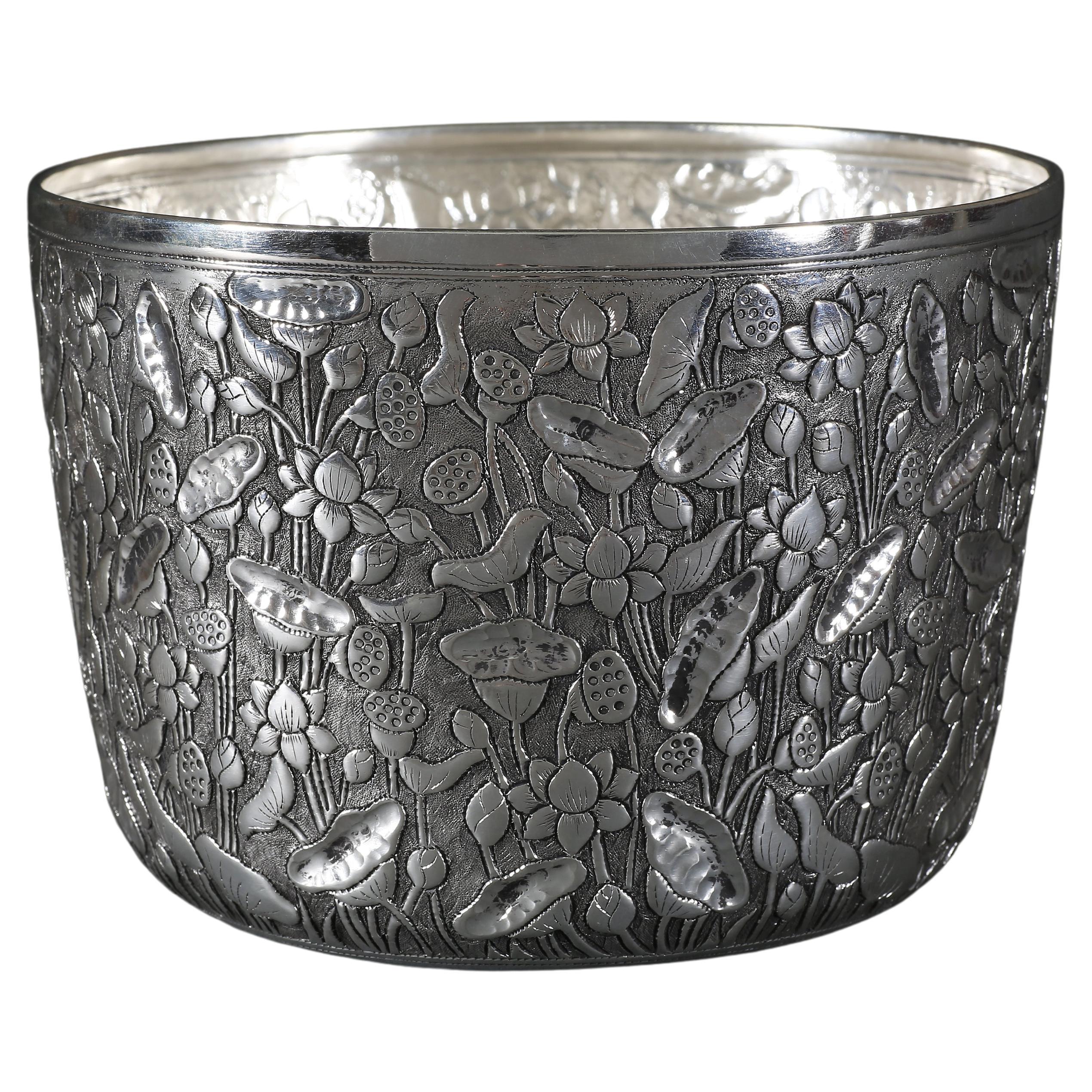 Hand-Worked Solid Silver Bowl, Hand-Chased Lotus Pond, Chinoiserie Centerpiece For Sale