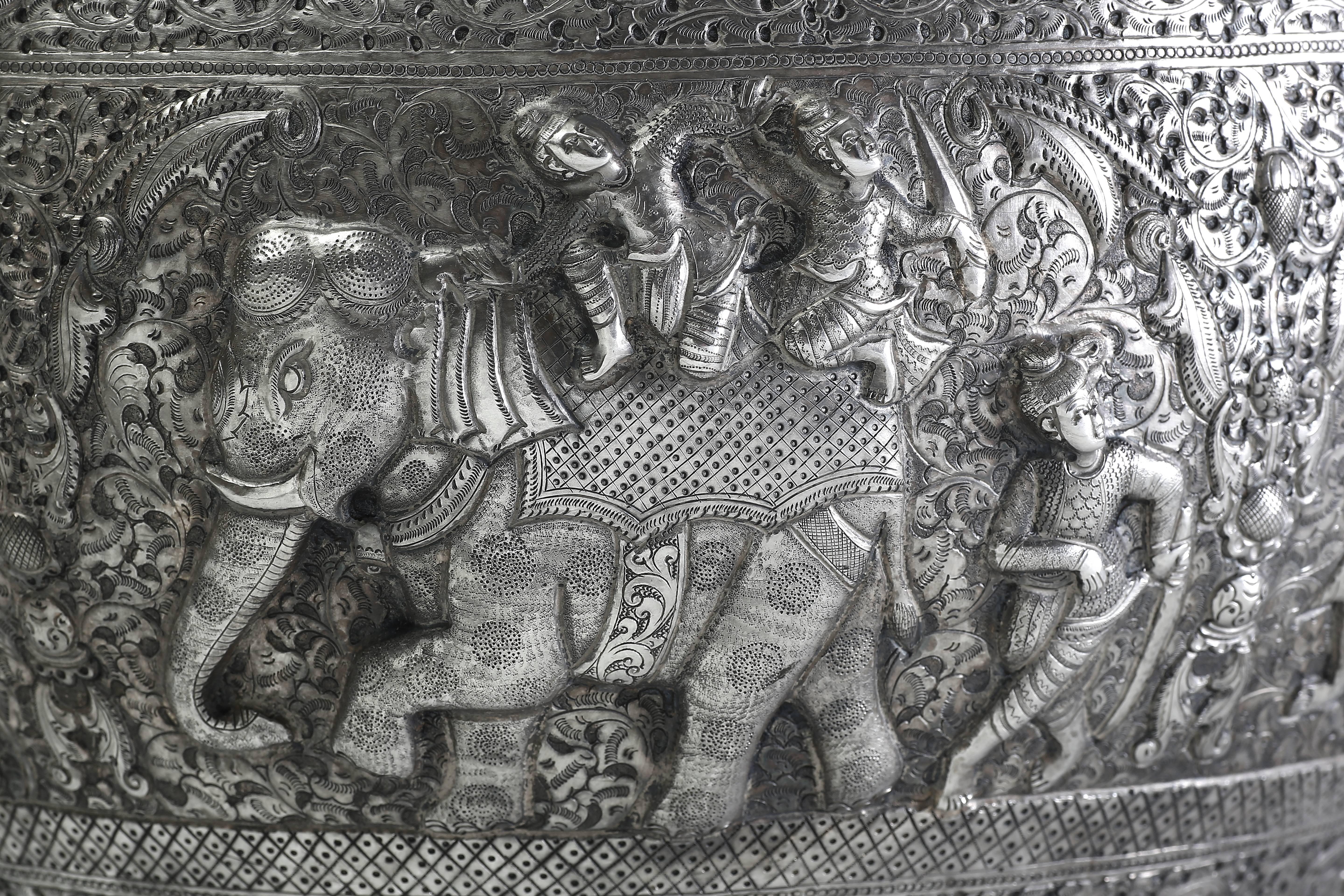 Hand-Crafted Hand-Worked Solid Silver Burmese Ceremonial Bowl, High Relief Jataka Scenes