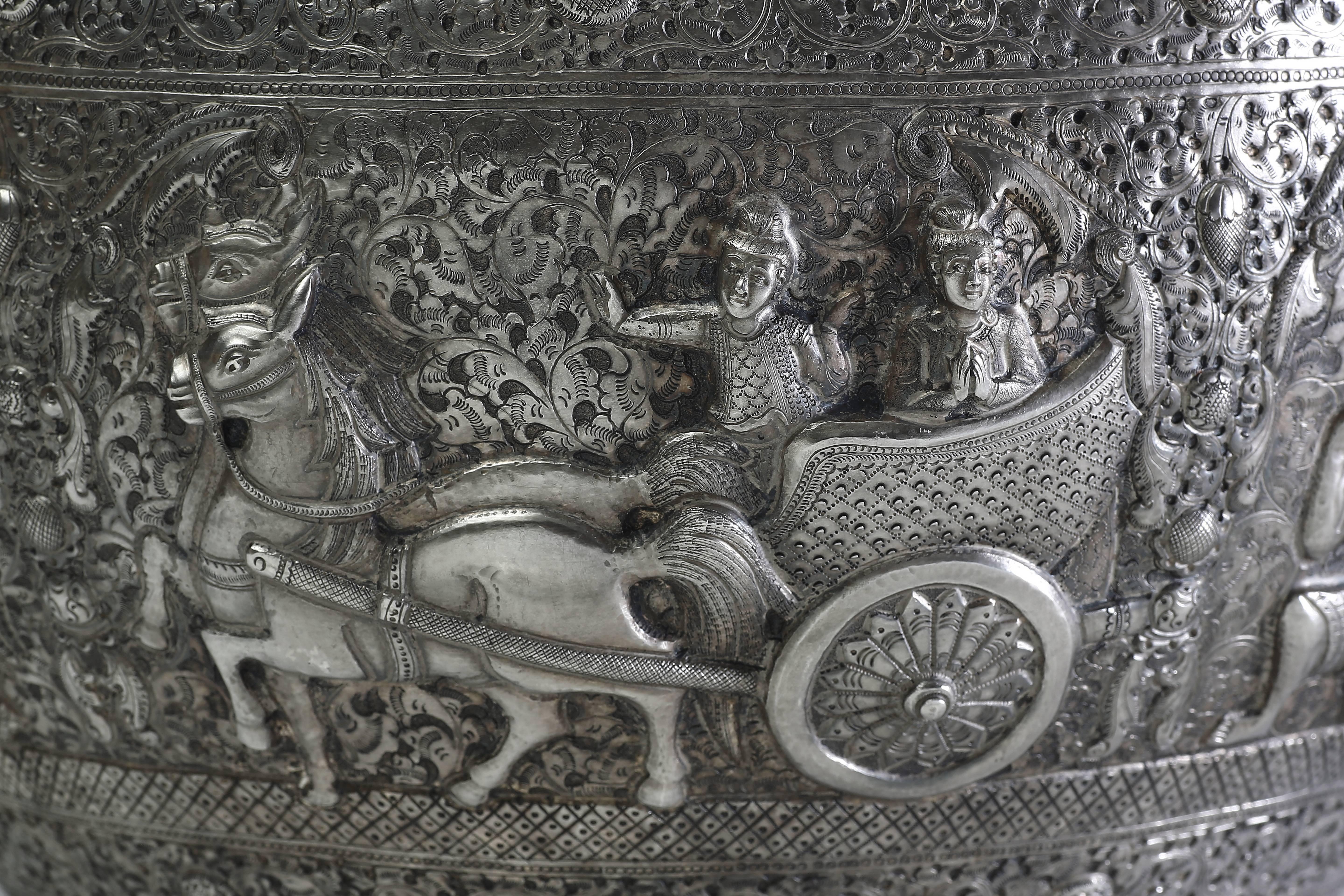 Hand-Worked Solid Silver Burmese Ceremonial Bowl, High Relief Jataka Scenes In Excellent Condition In 10 Chater Road, HK