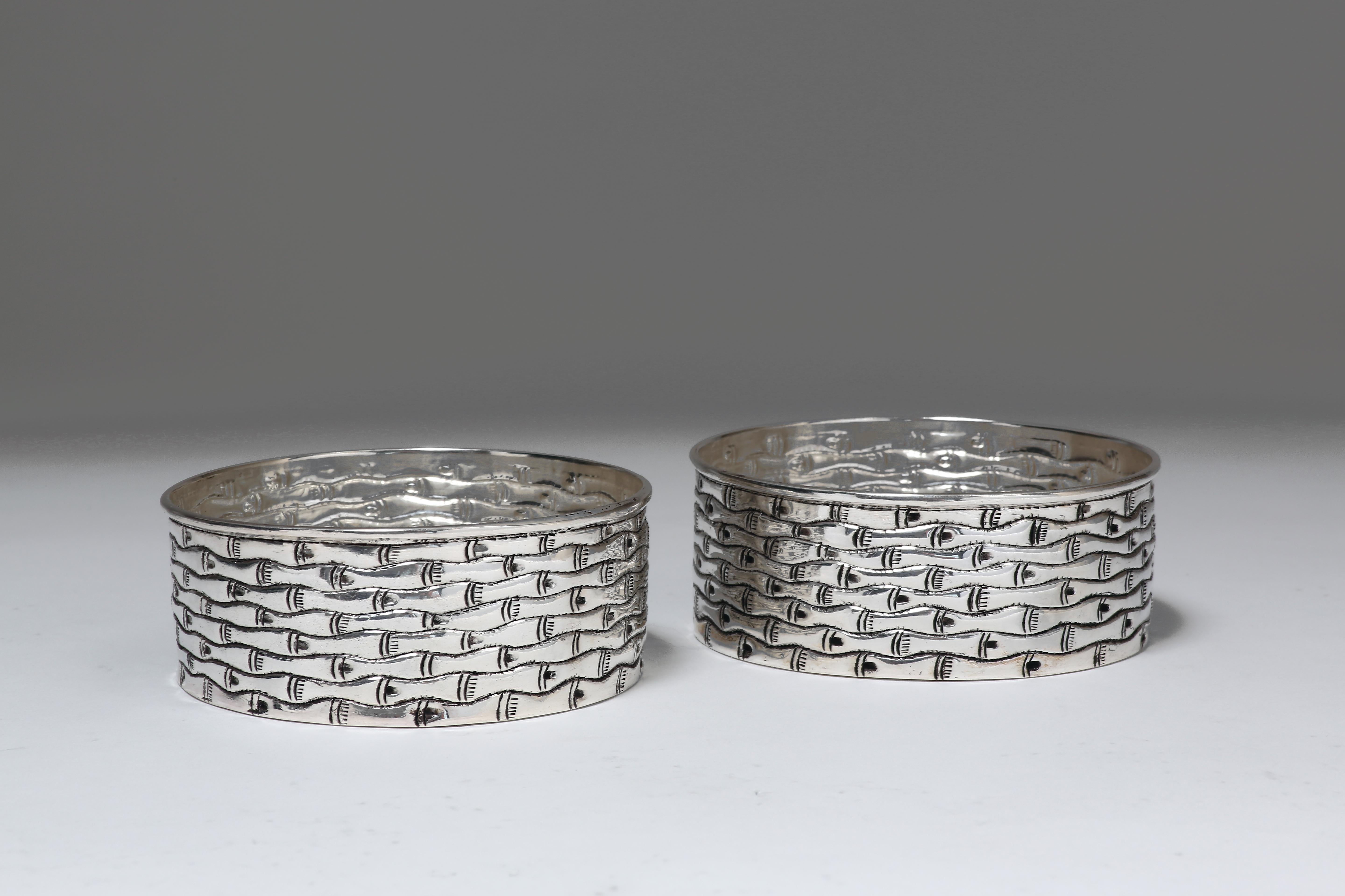 Hong Kong Hand-Worked Solid Silver Wine Coasters, Bamboo Motif, Tableware