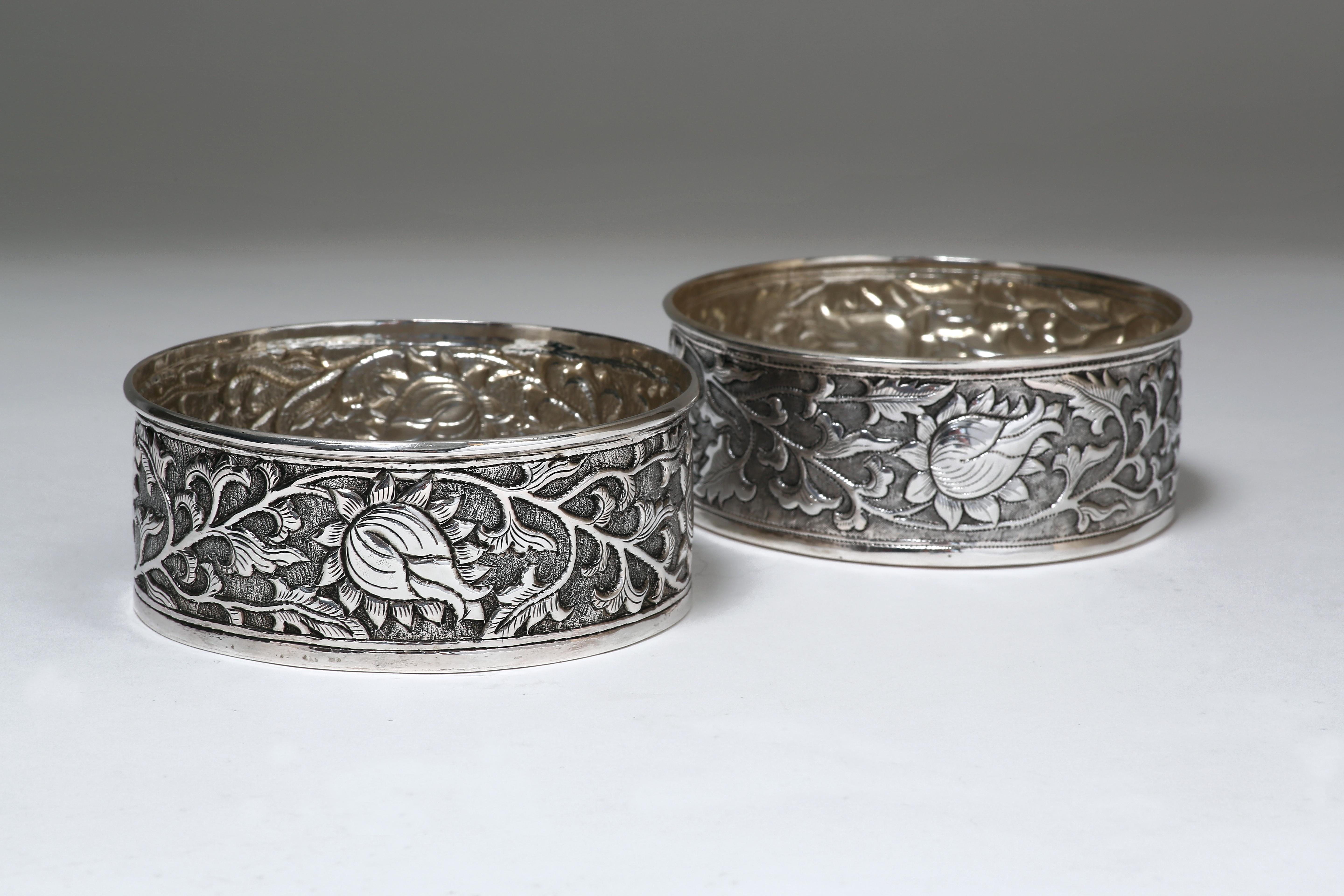 Hand-Crafted Hand-Worked Solid Silver Wine Coasters, Chinese Lotus Motif, Tableware