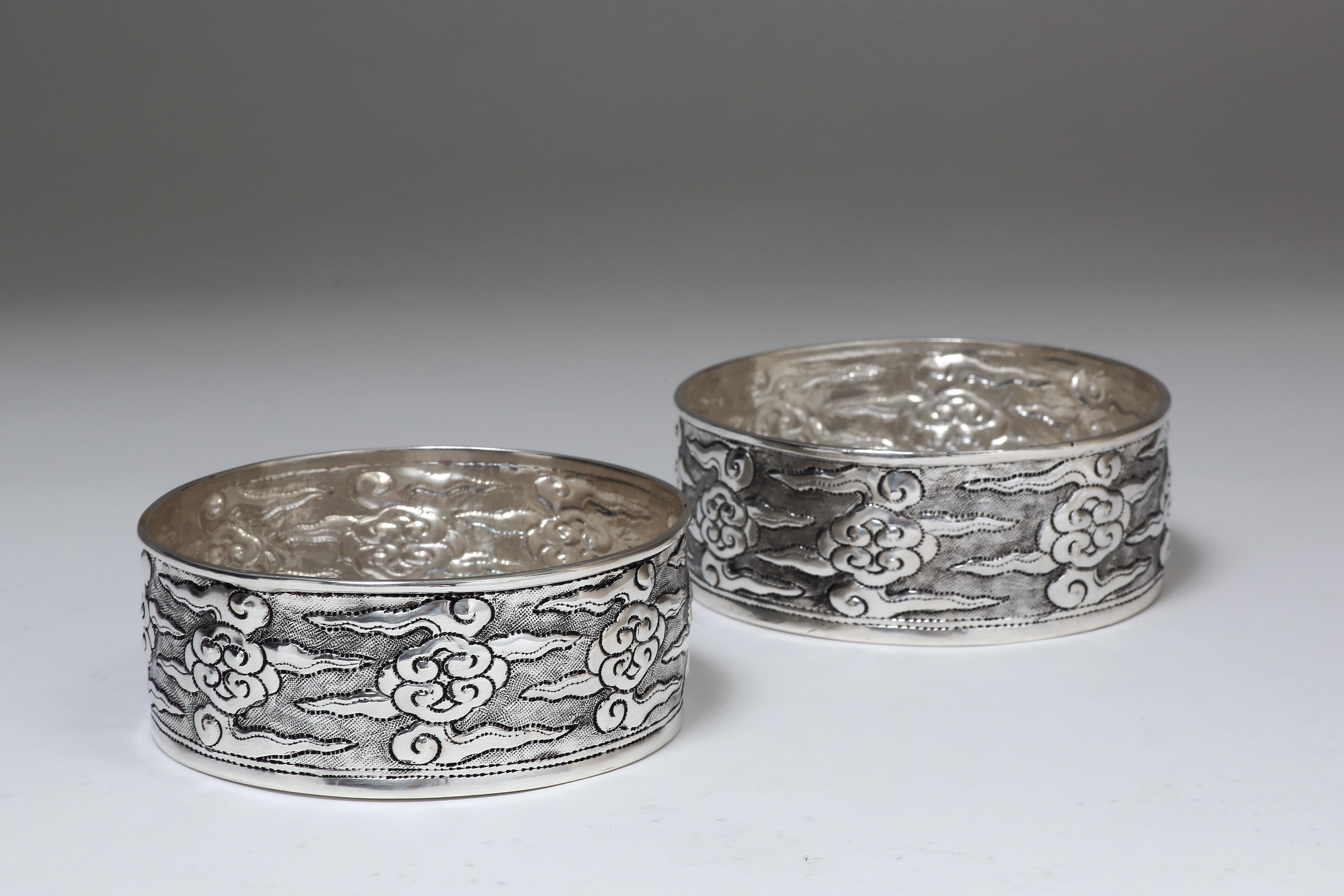 Hand-Crafted Hand-Worked Solid Silver Wine Coasters, Cloud Motif, Tableware