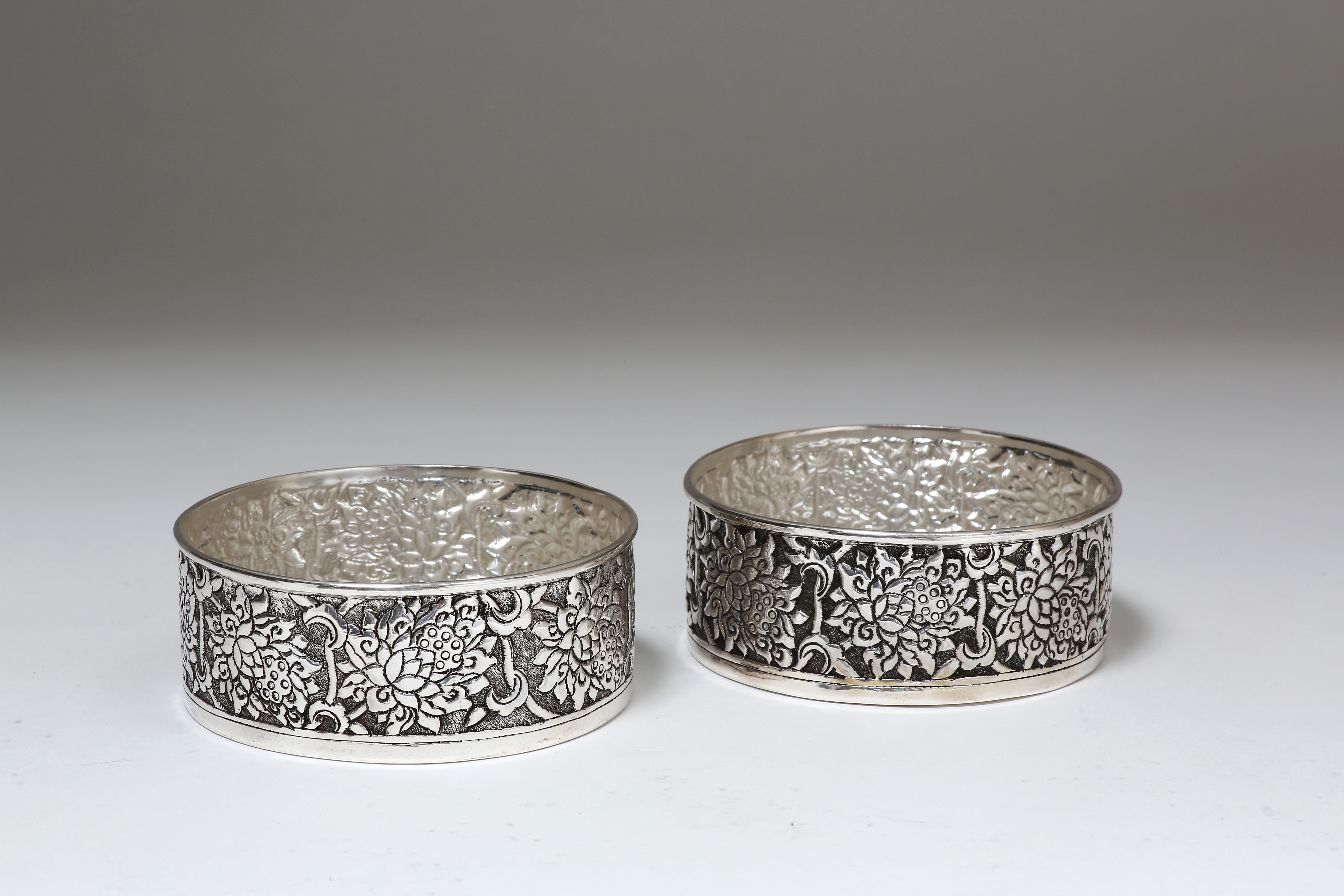 Hand-Crafted Hand-Worked Solid Silver Wine Coasters, Scrolling Lotus Motif, Tableware