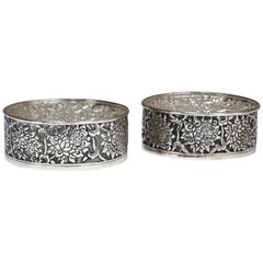 Hand-Worked Solid Silver Wine Coasters, Scrolling Lotus Motif, Tableware