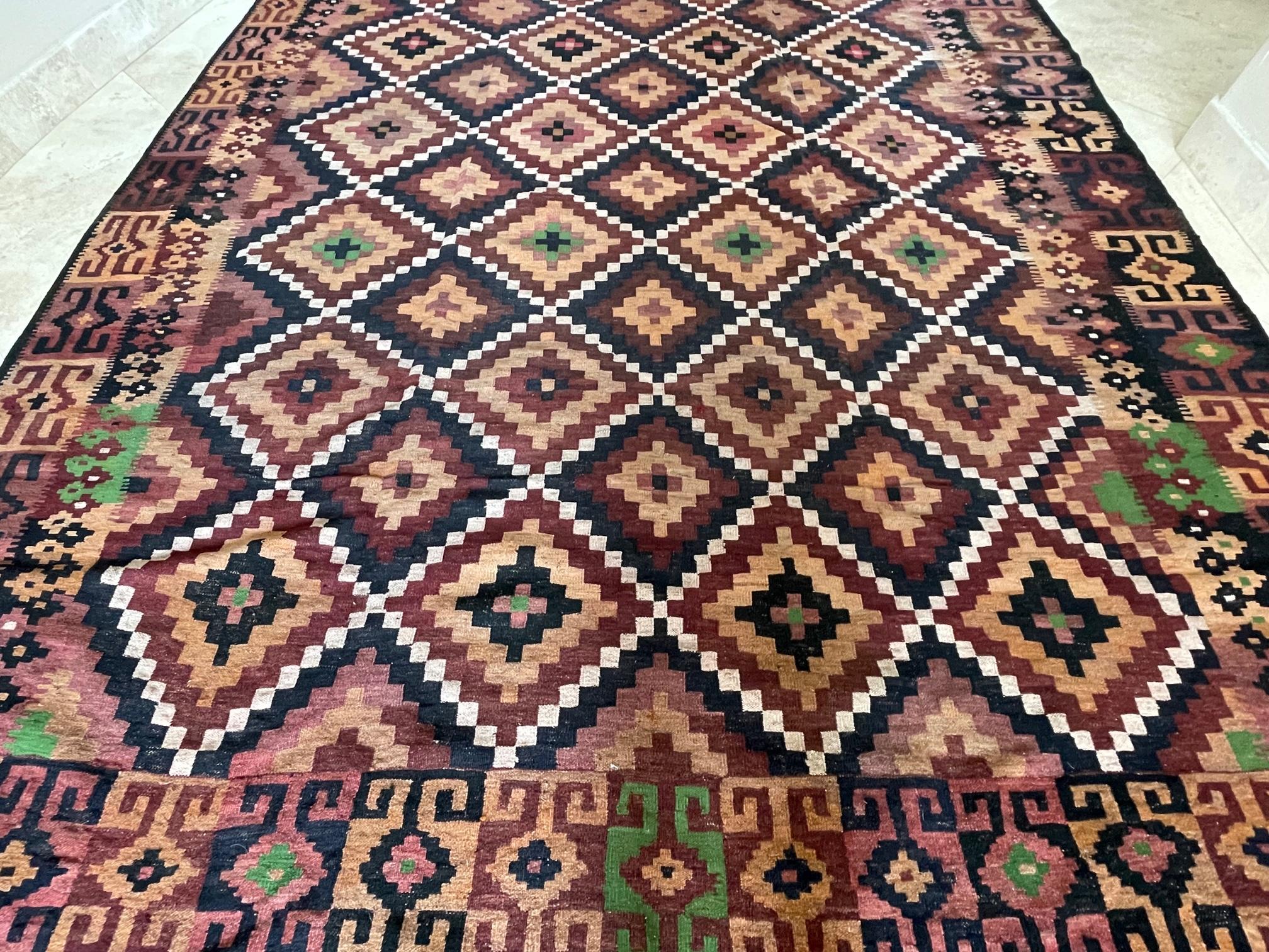 Hand-Woven Hand Woven Afghan Tribal Allover Brown Green Rug, circa 1990 For Sale