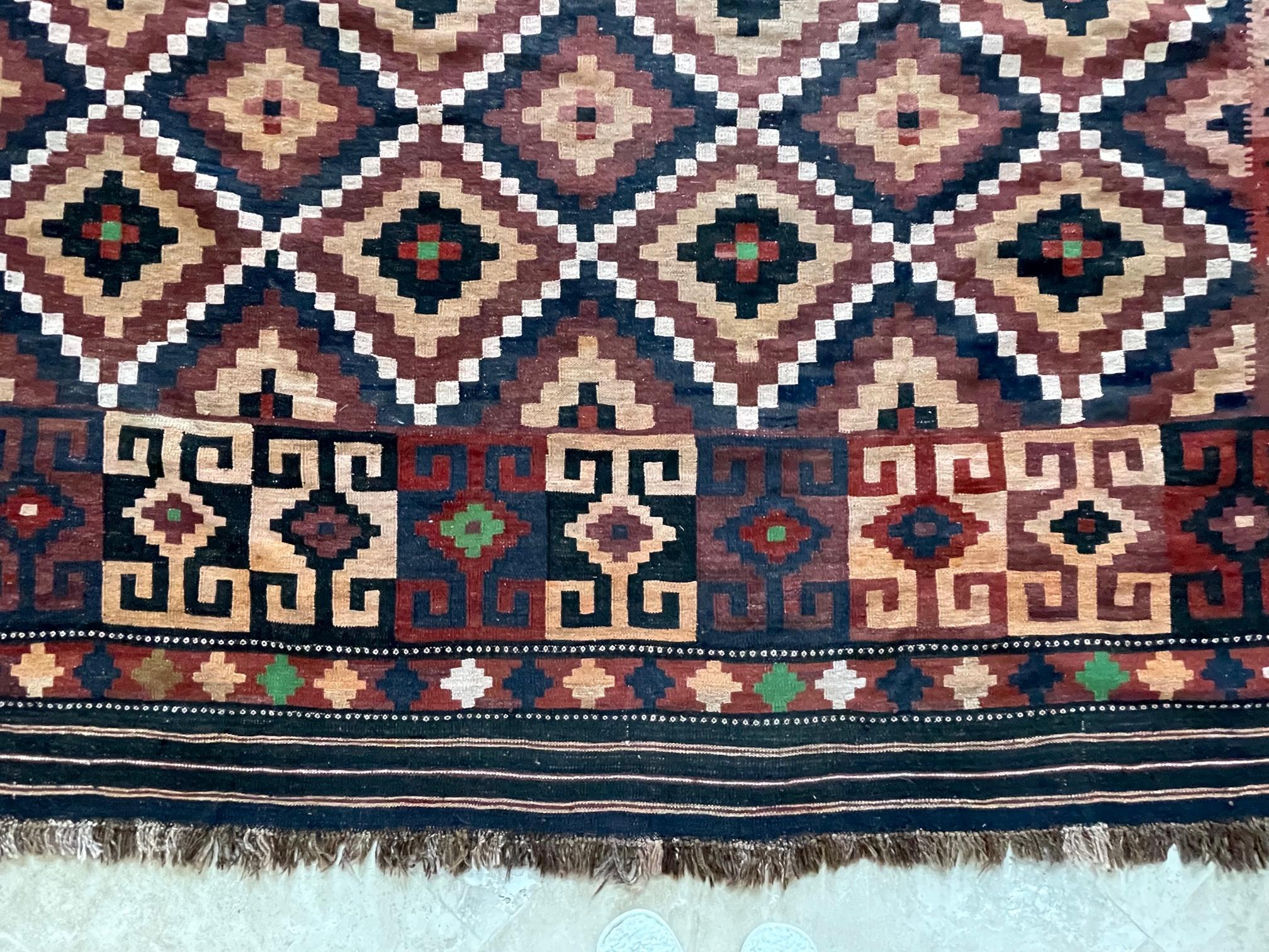 Hand Woven Afghan Tribal Allover Brown Green Rug, circa 1990 In Good Condition For Sale In San Diego, CA