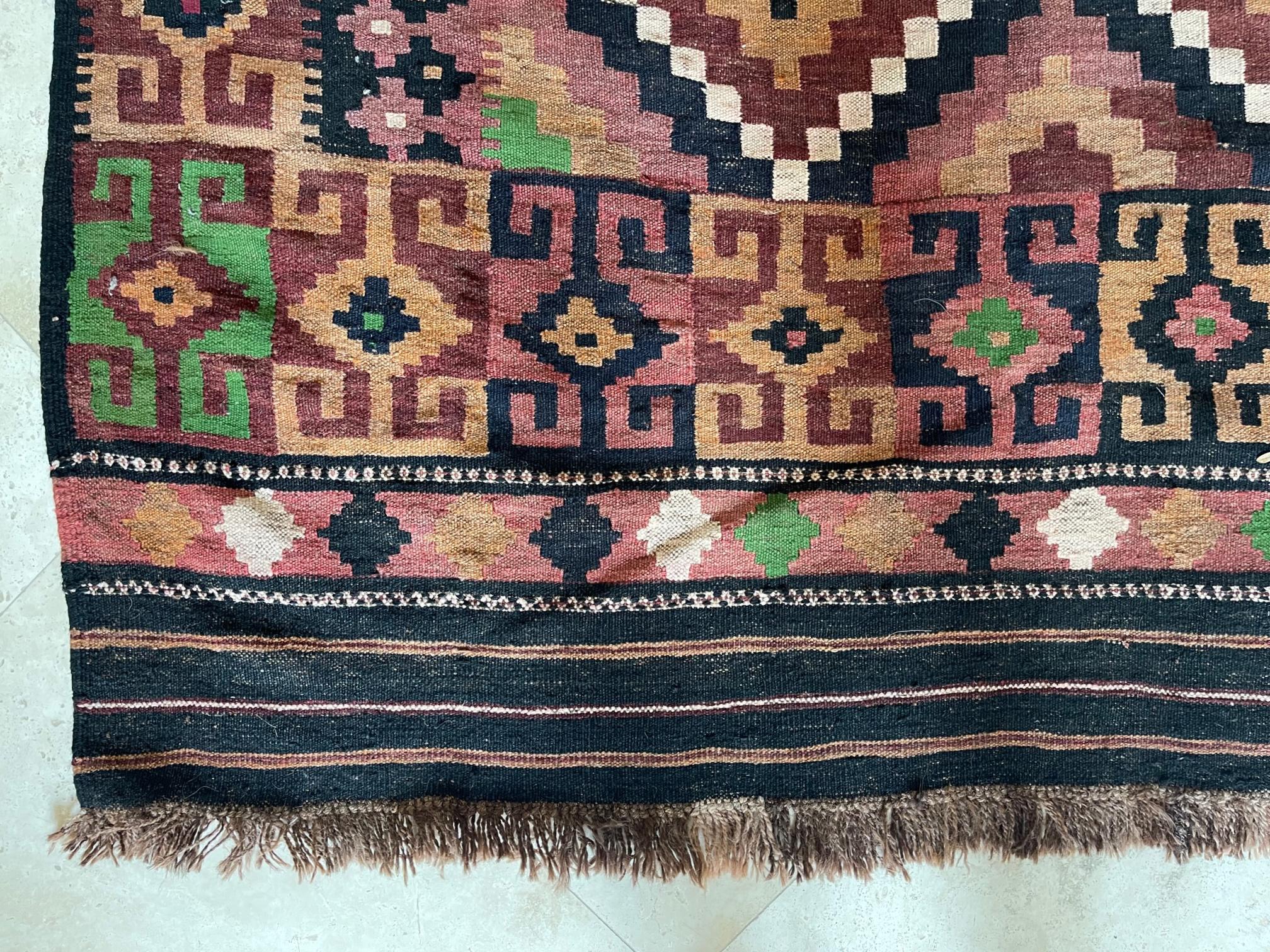 Wool Hand Woven Afghan Tribal Allover Brown Green Rug, circa 1990 For Sale