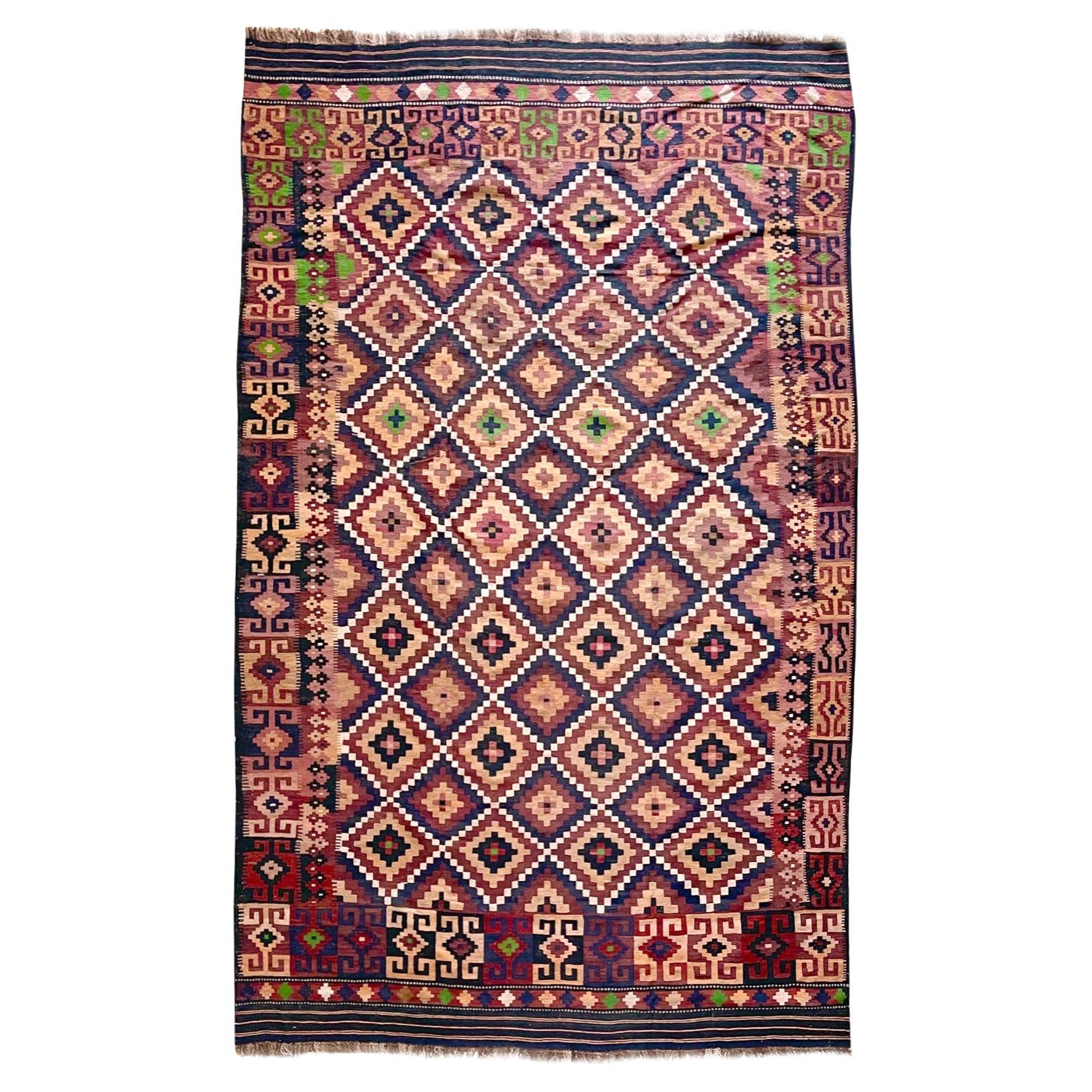 Hand Woven Afghan Tribal Allover Brown Green Rug, circa 1990 For Sale