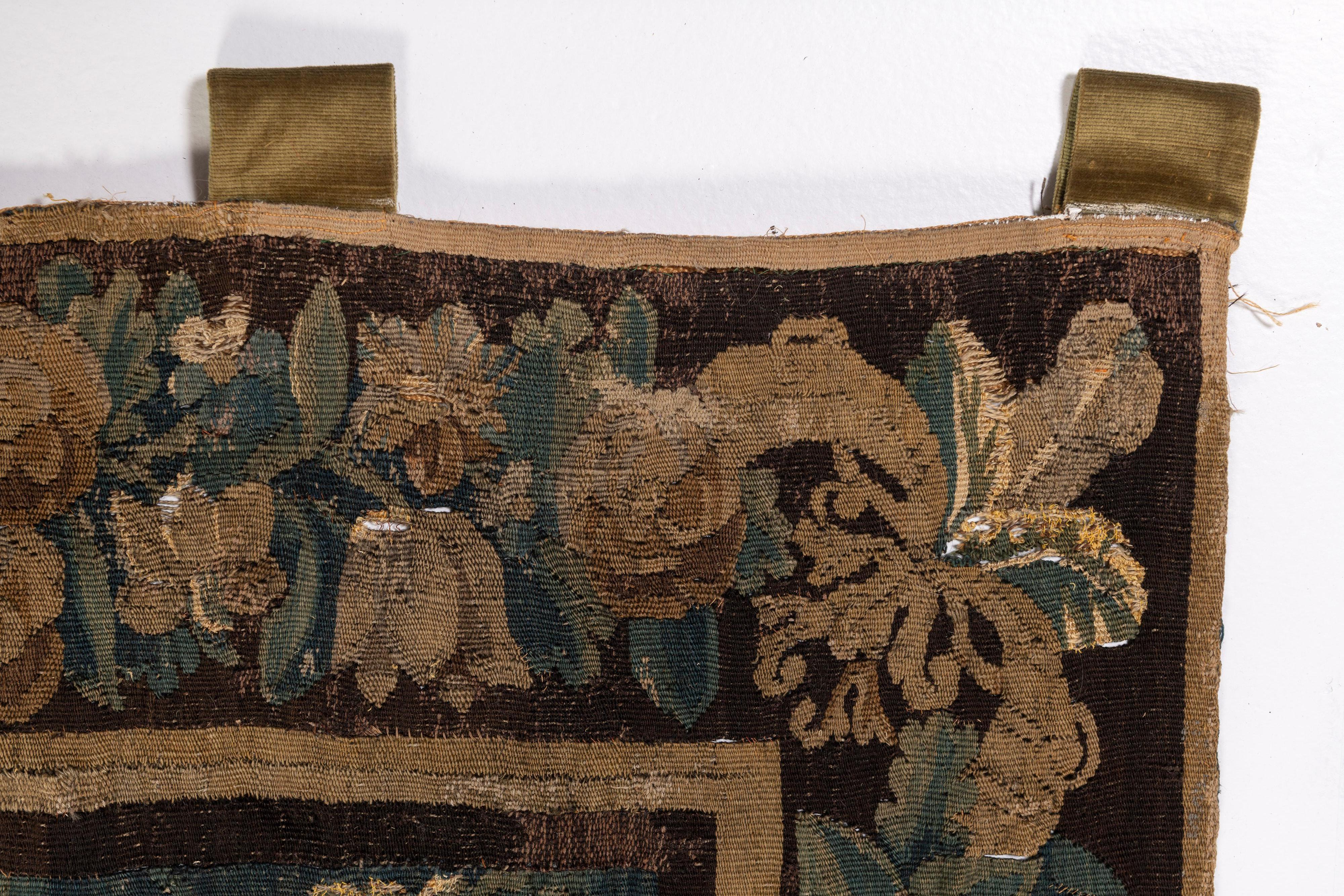 Hand-Woven Antique 17th Century Aubusson Verdure Tapestry, France In Fair Condition For Sale In San Francisco, CA