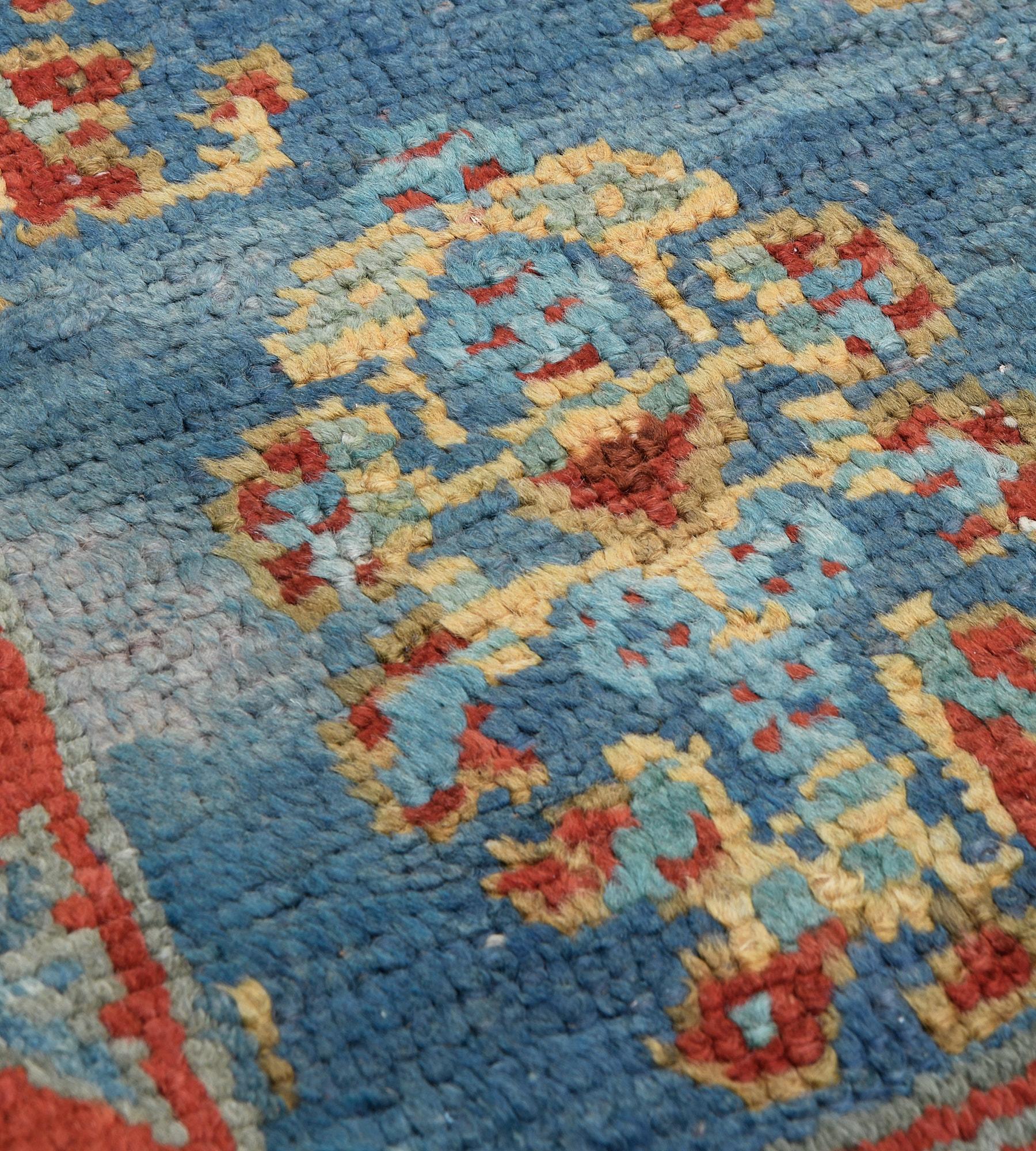 Hand-woven Antique Circa-1900 Blue Boteh Turkish Oushak Rug In Good Condition For Sale In West Hollywood, CA
