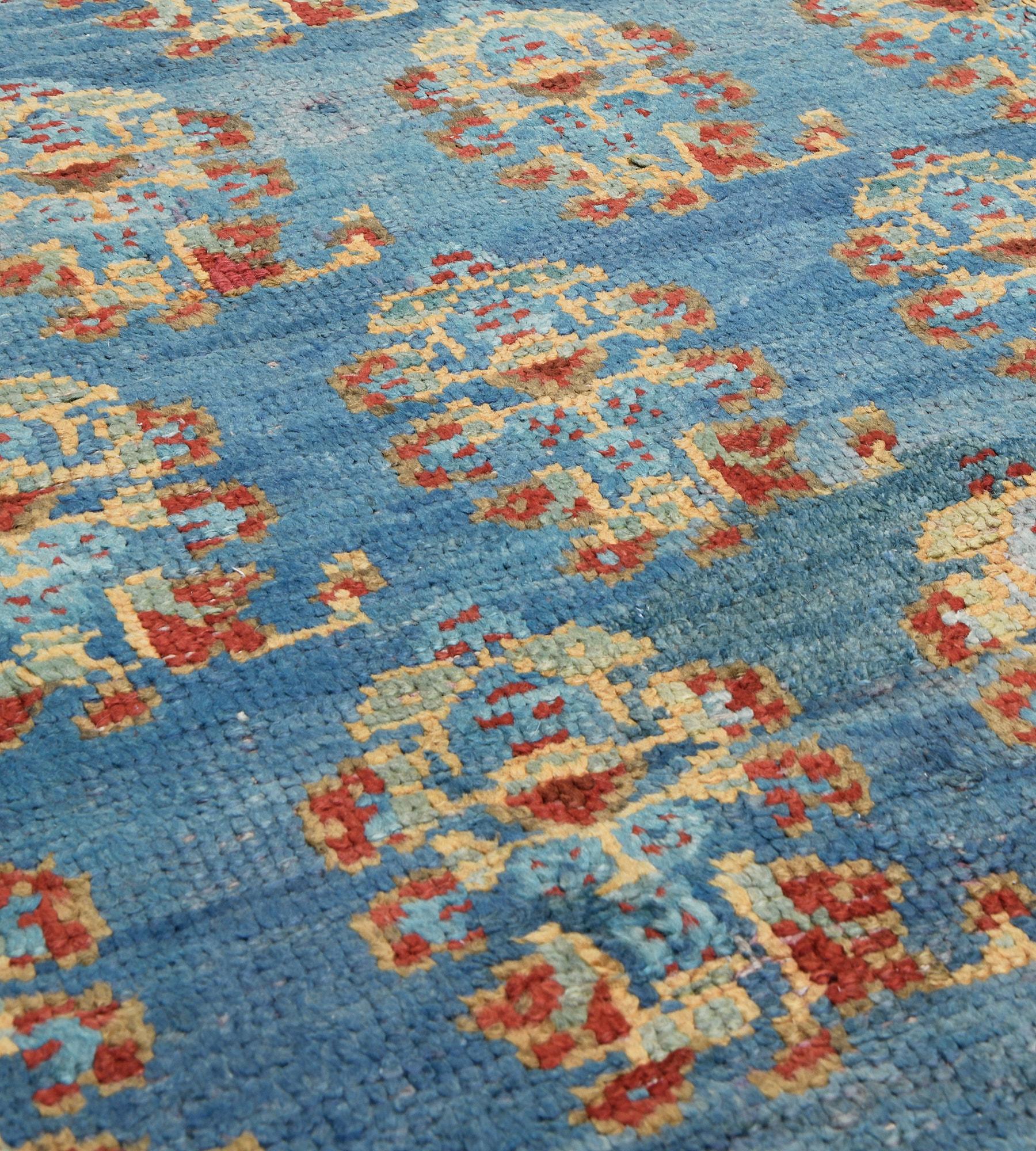 Wool Hand-woven Antique Circa-1900 Blue Boteh Turkish Oushak Rug For Sale