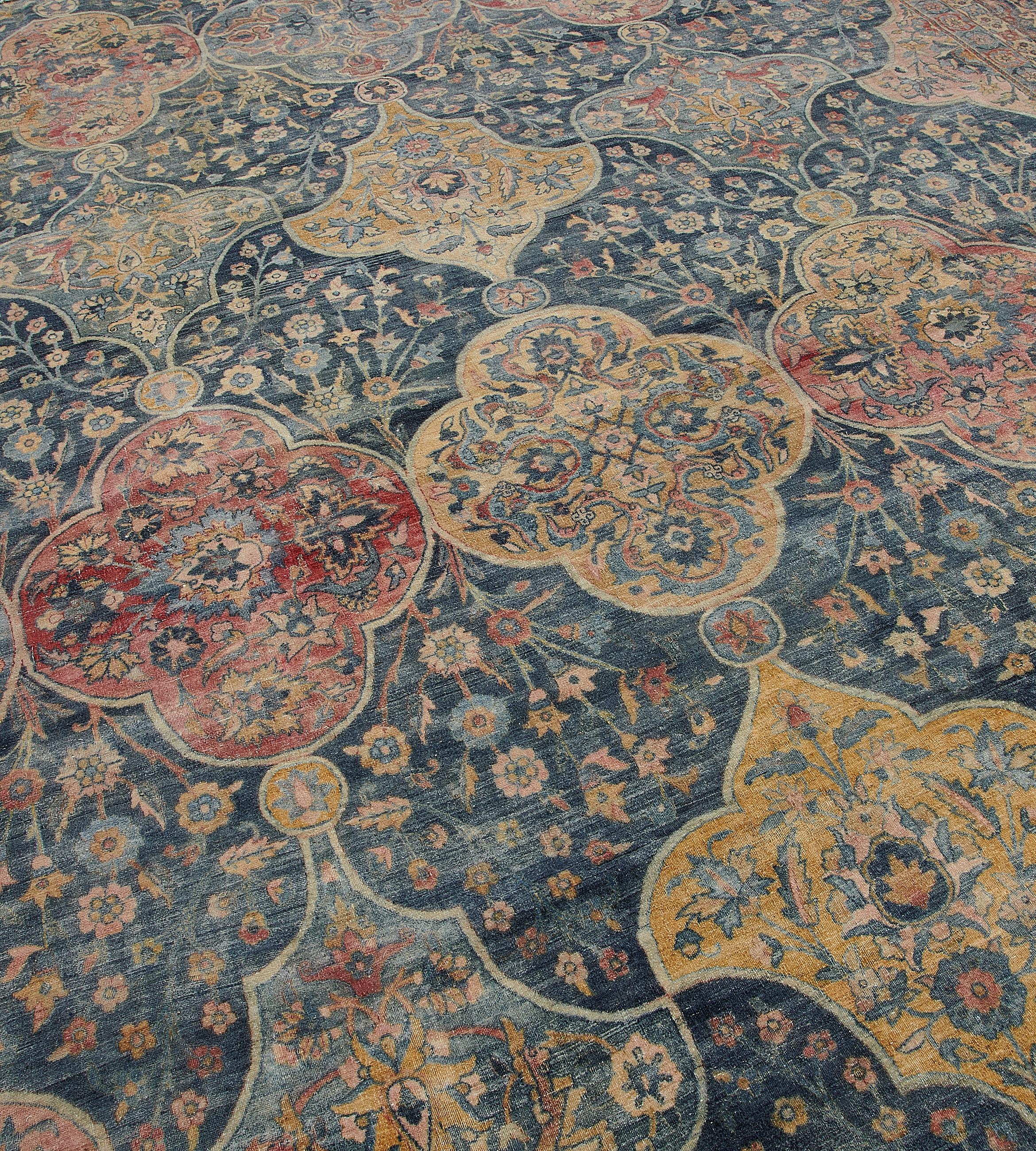 Hand-woven Antique Floral Persian Kirman Rug 11'x23' In Good Condition For Sale In West Hollywood, CA