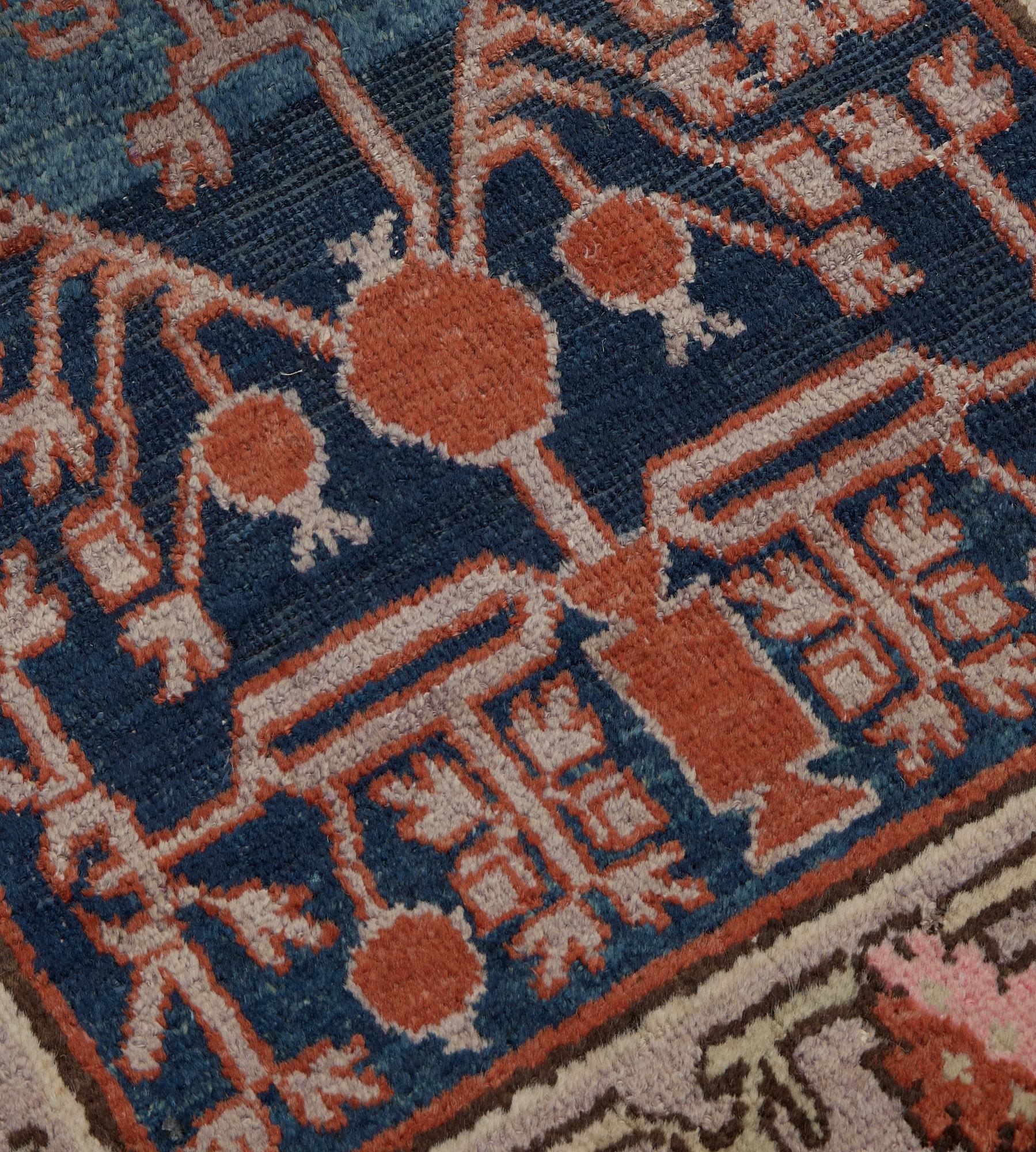 19th Century Hand-woven Antique Indigo-Blue Pomegranate Khotan Runner For Sale