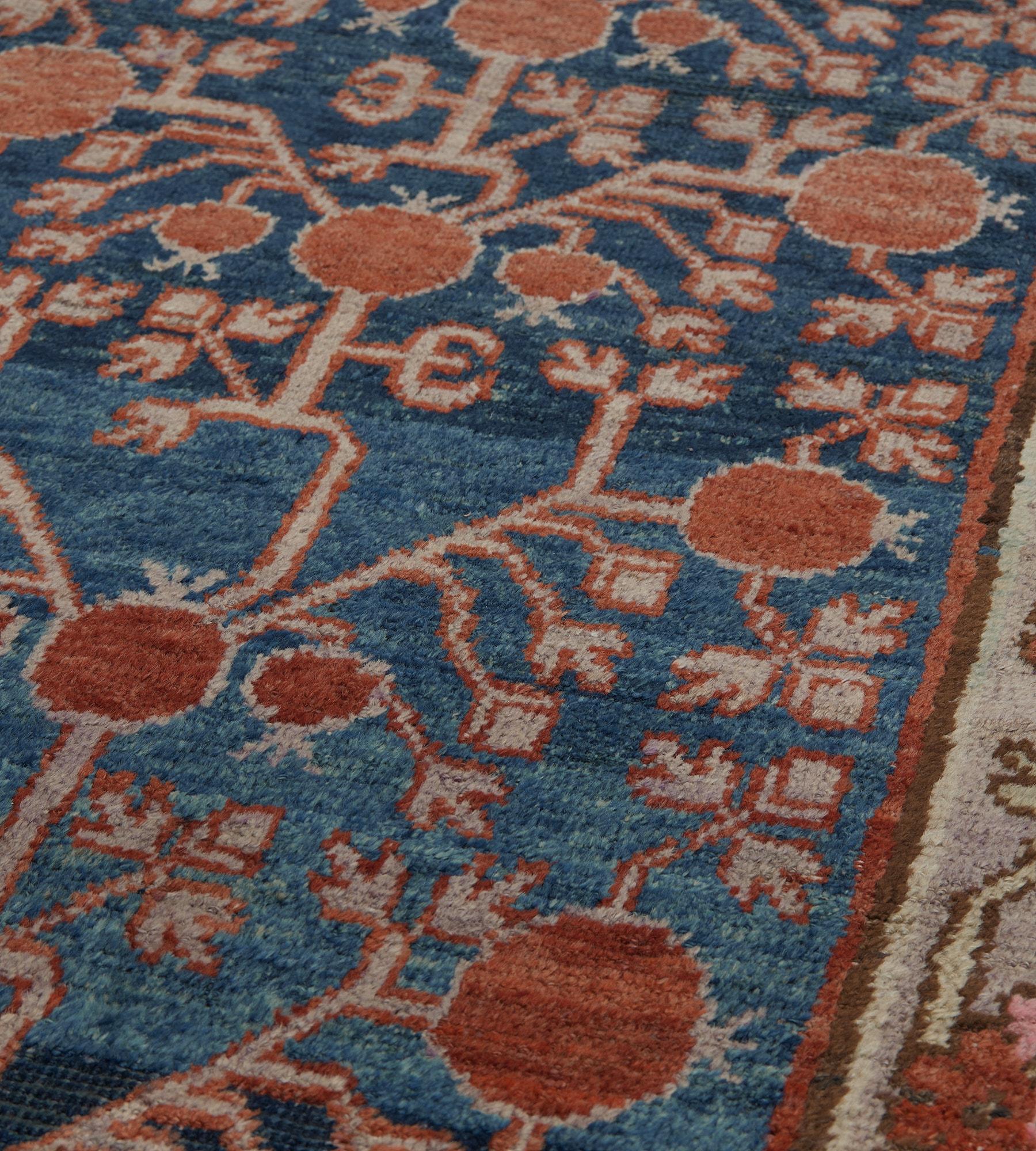Wool Hand-woven Antique Indigo-Blue Pomegranate Khotan Runner For Sale