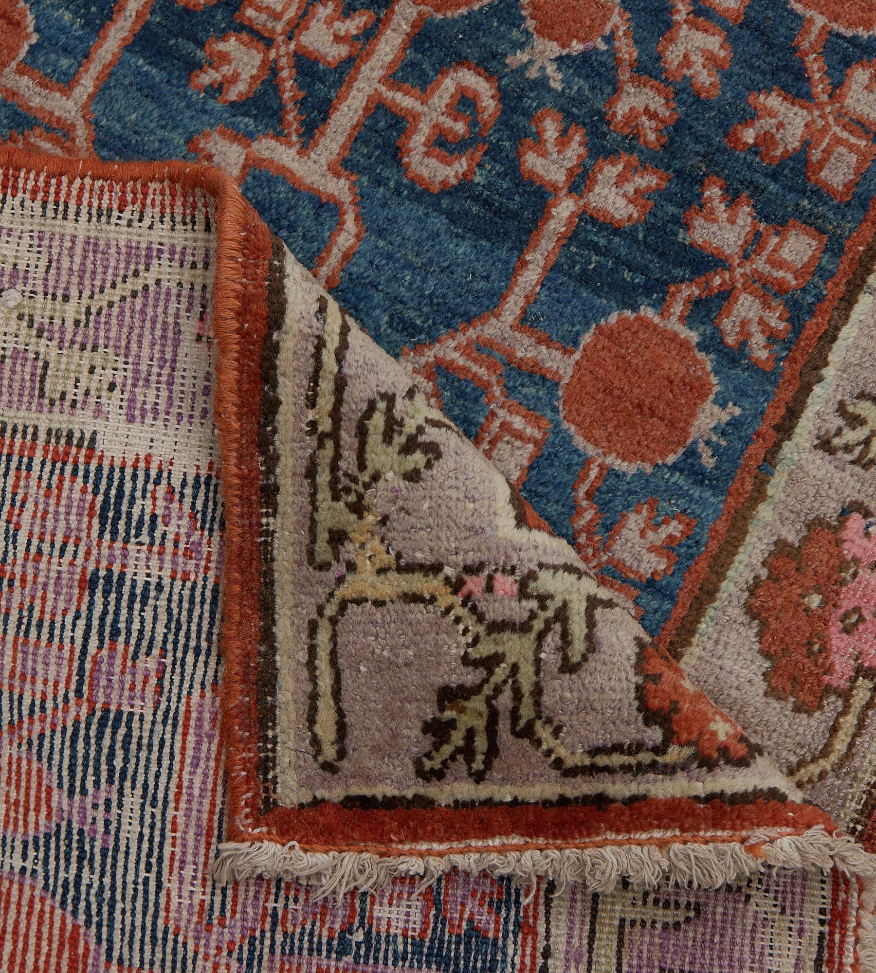 Hand-woven Antique Indigo-Blue Pomegranate Khotan Runner For Sale 2