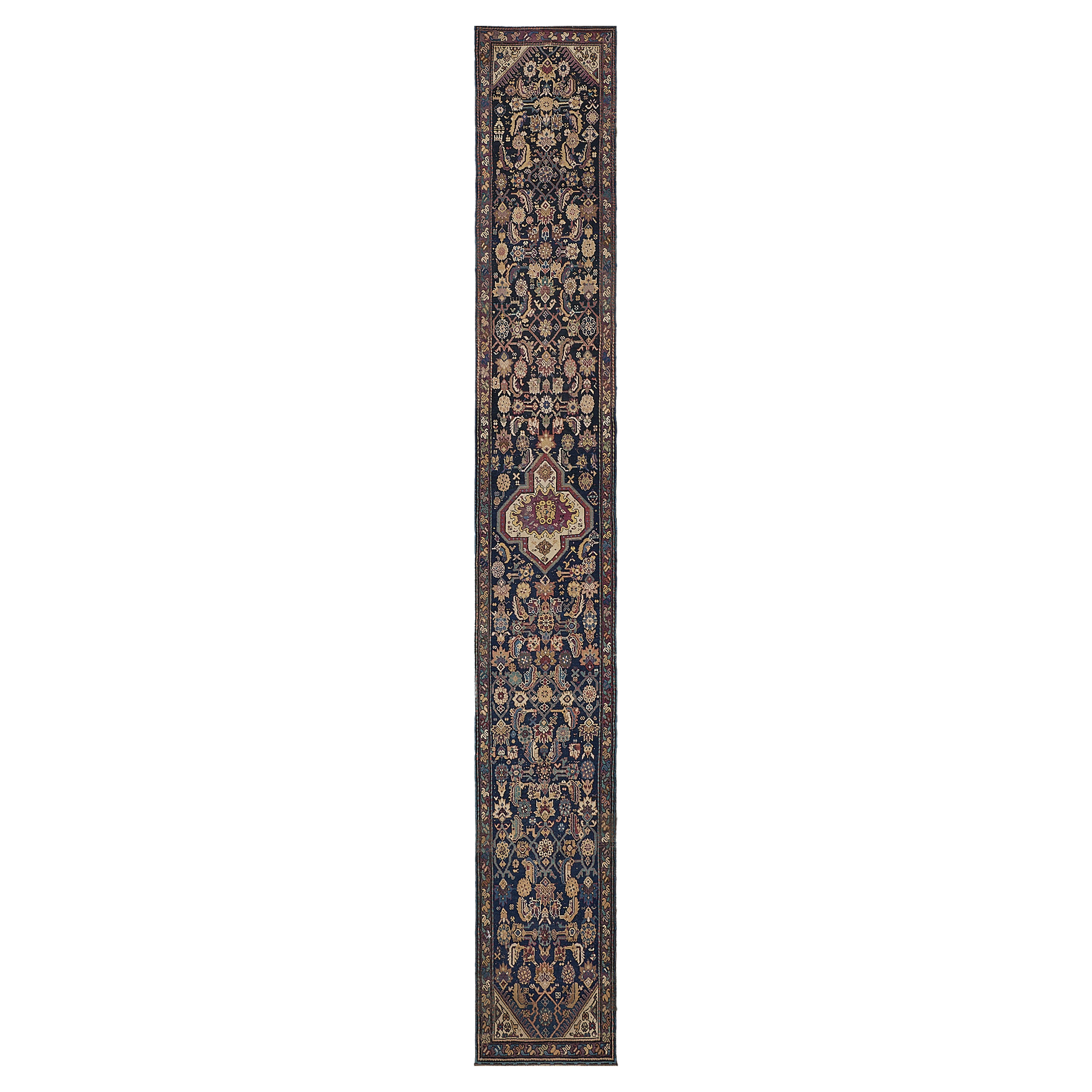 Tapis de couloir caucasien Karabagh ancien tissé à la main, motif Herati indigo, 2'x15'