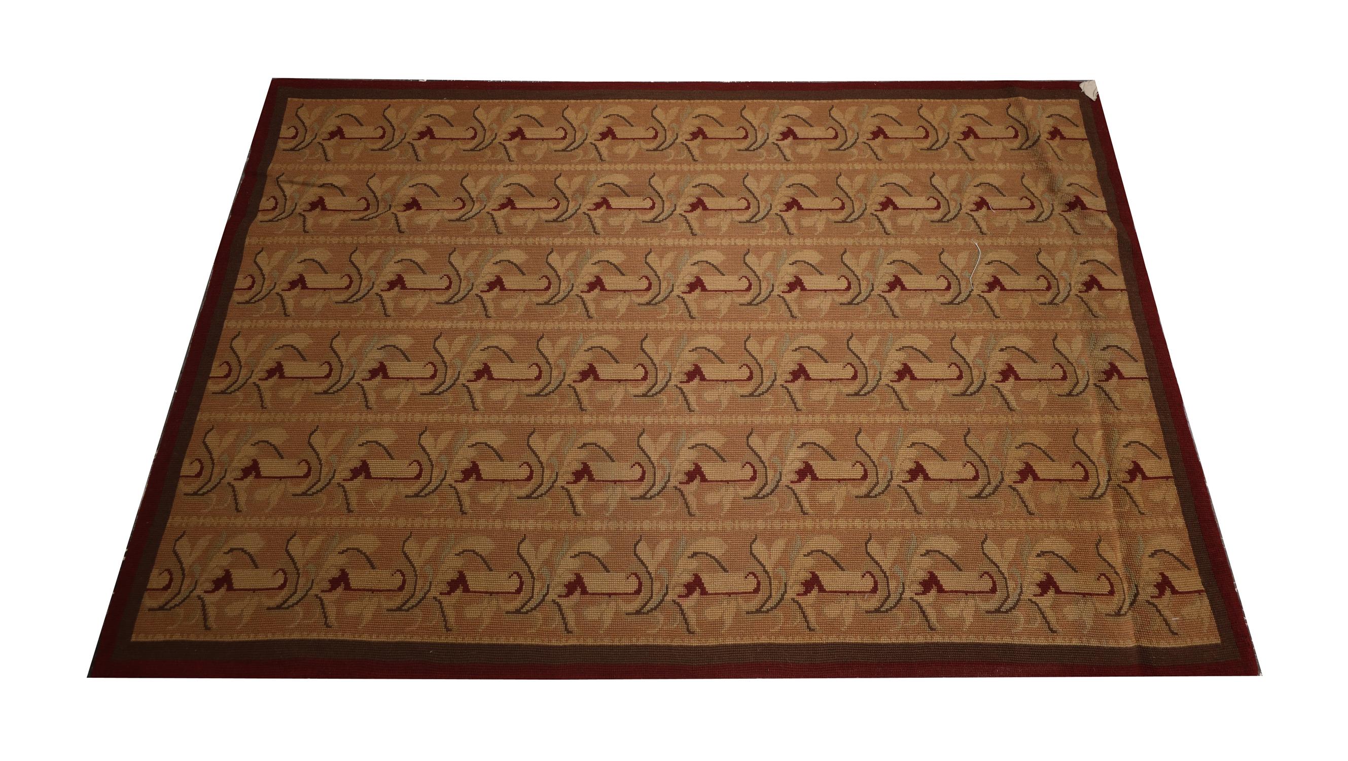 This attractive wool rug has been woven with an all-over repeating pattern in accents of beige, red and green. Vintage rugs are popular in today's market with both classic and contemporary homeowners because of the luxurious feel they give to