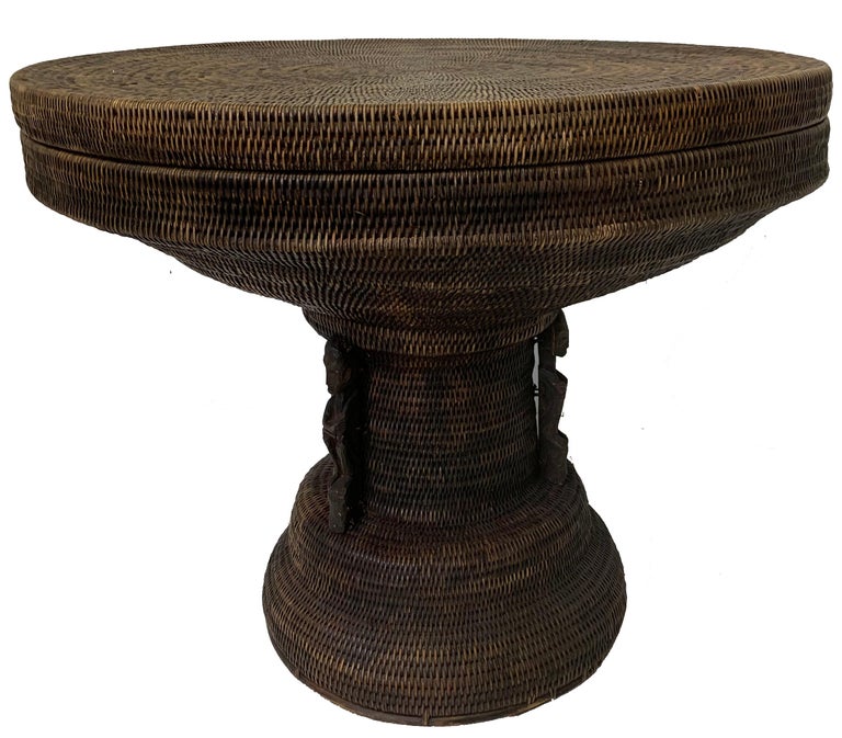 Hand Woven Side Table / Basket with Hand Carved Details For Sale at 1stDibs