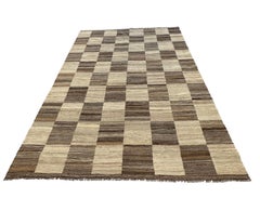 Hand-Woven Brown and Cream Checkered Kilim Flat Weave Area Rug