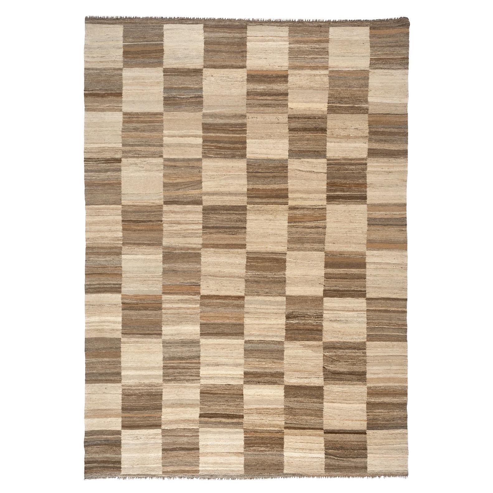 Hand-Woven Brown and Cream Checkered Kilim Flat Weave Area Rug