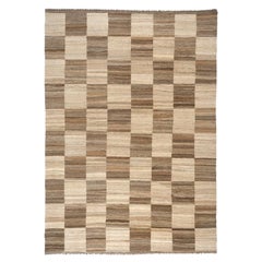 Hand-Woven Brown and Cream Checkered Kilim Flat Weave Area Rug