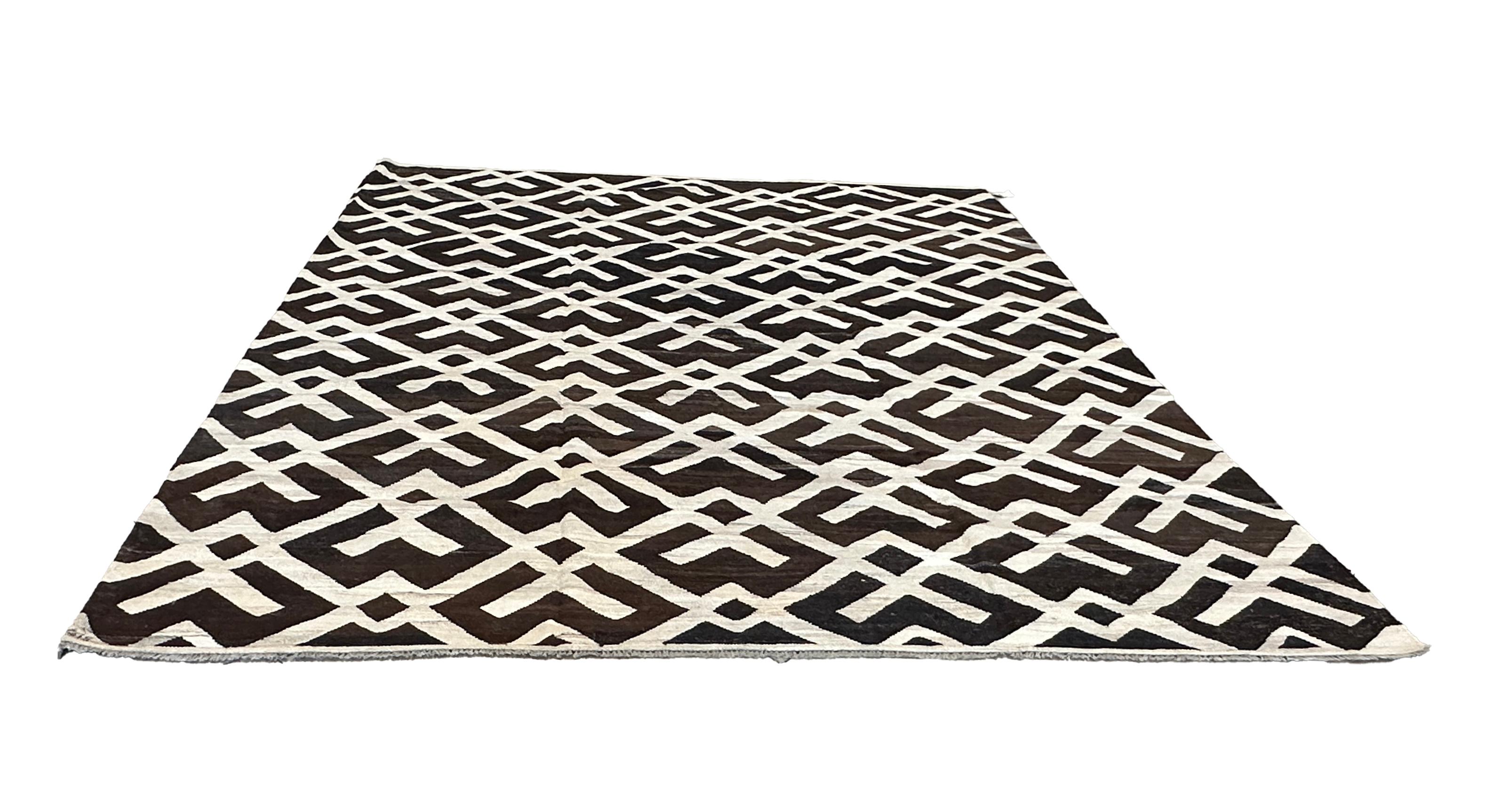 Afghan Hand-Woven Brown and Cream Diamond Kilim Flat Weave Area Rug For Sale