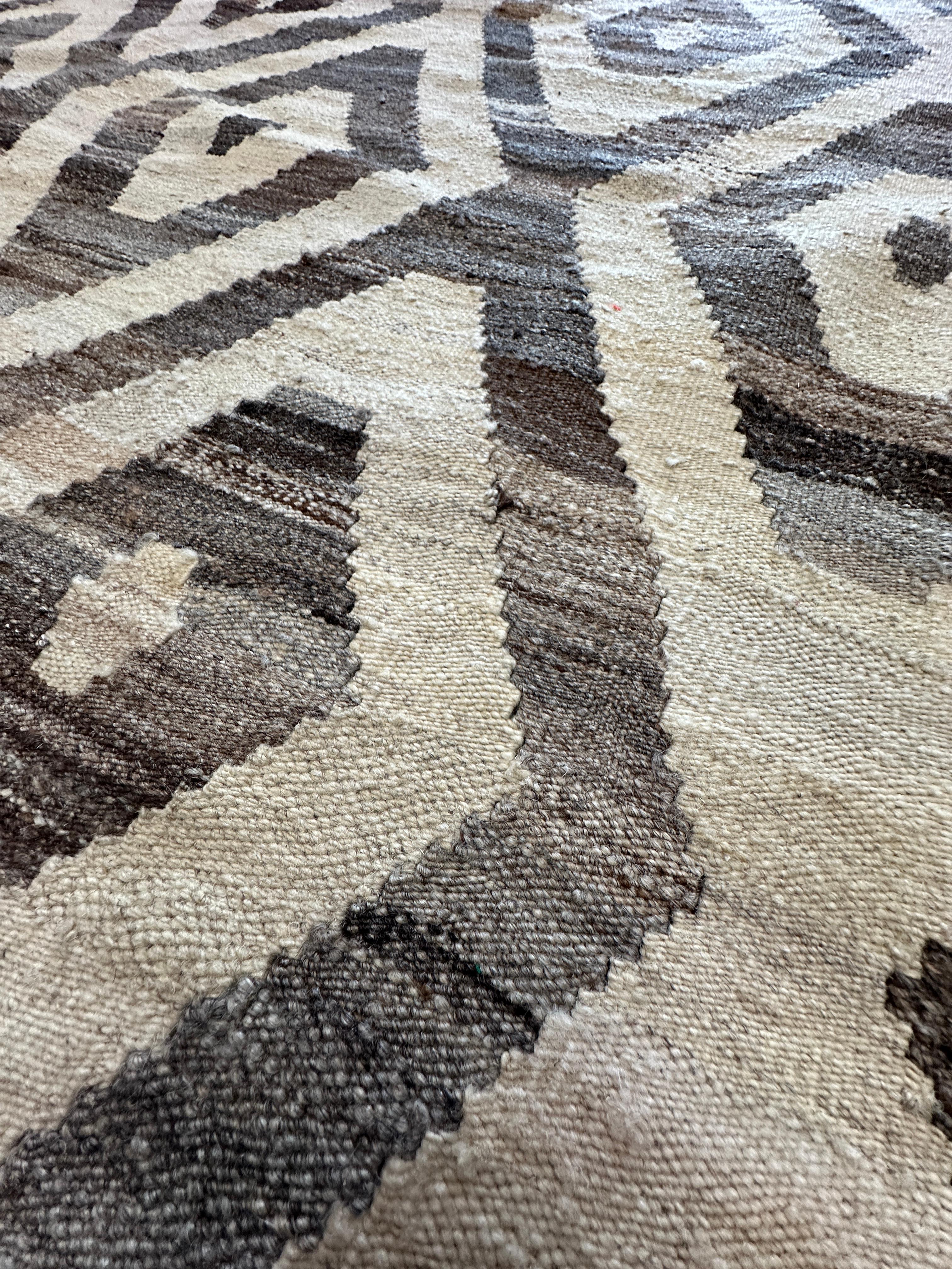 Contemporary Hand-Woven Brown and Cream Diamond Kilim Flat Weave Area Rug For Sale