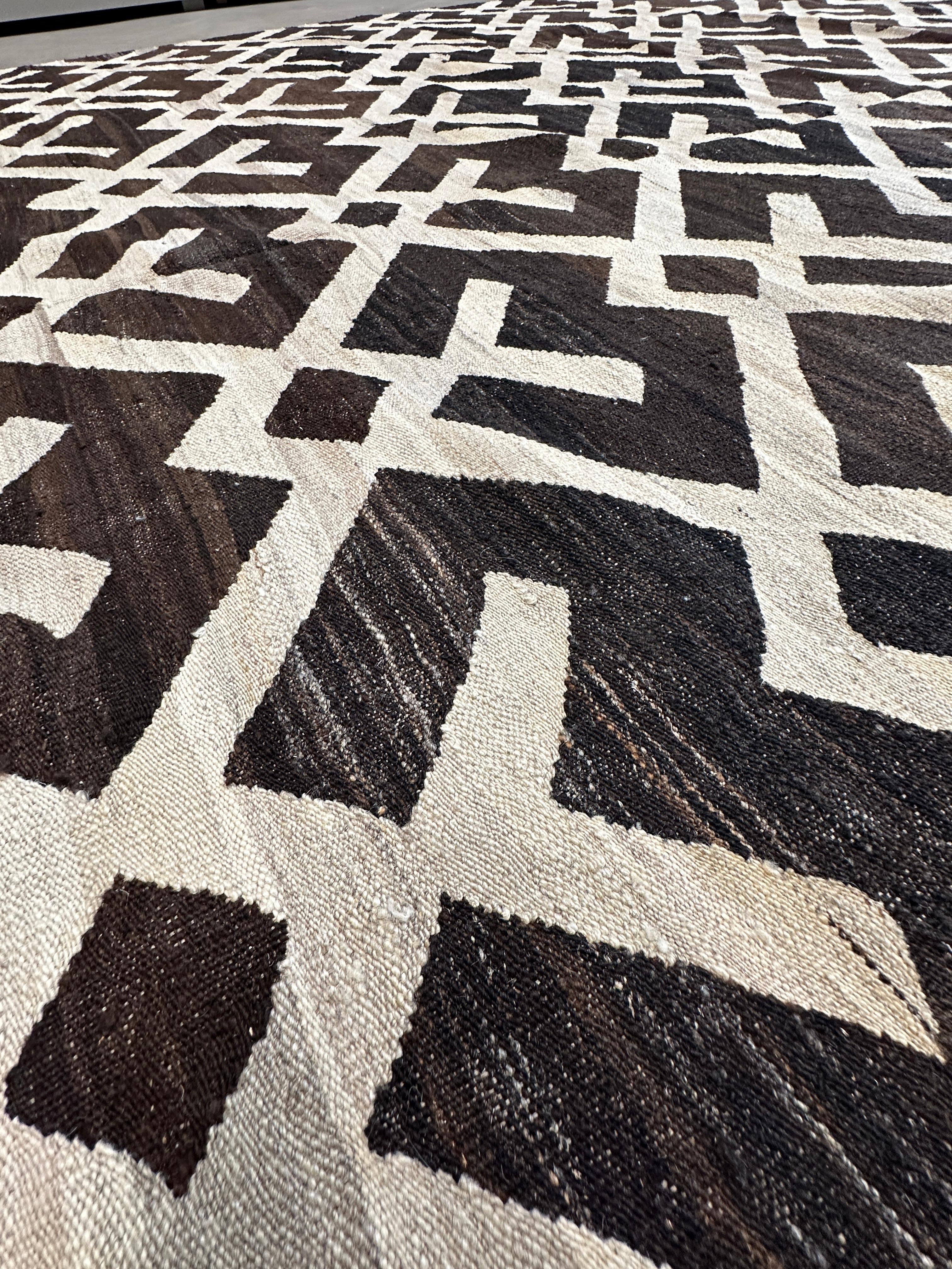 Contemporary Hand-Woven Brown and Cream Diamond Kilim Flat Weave Area Rug For Sale