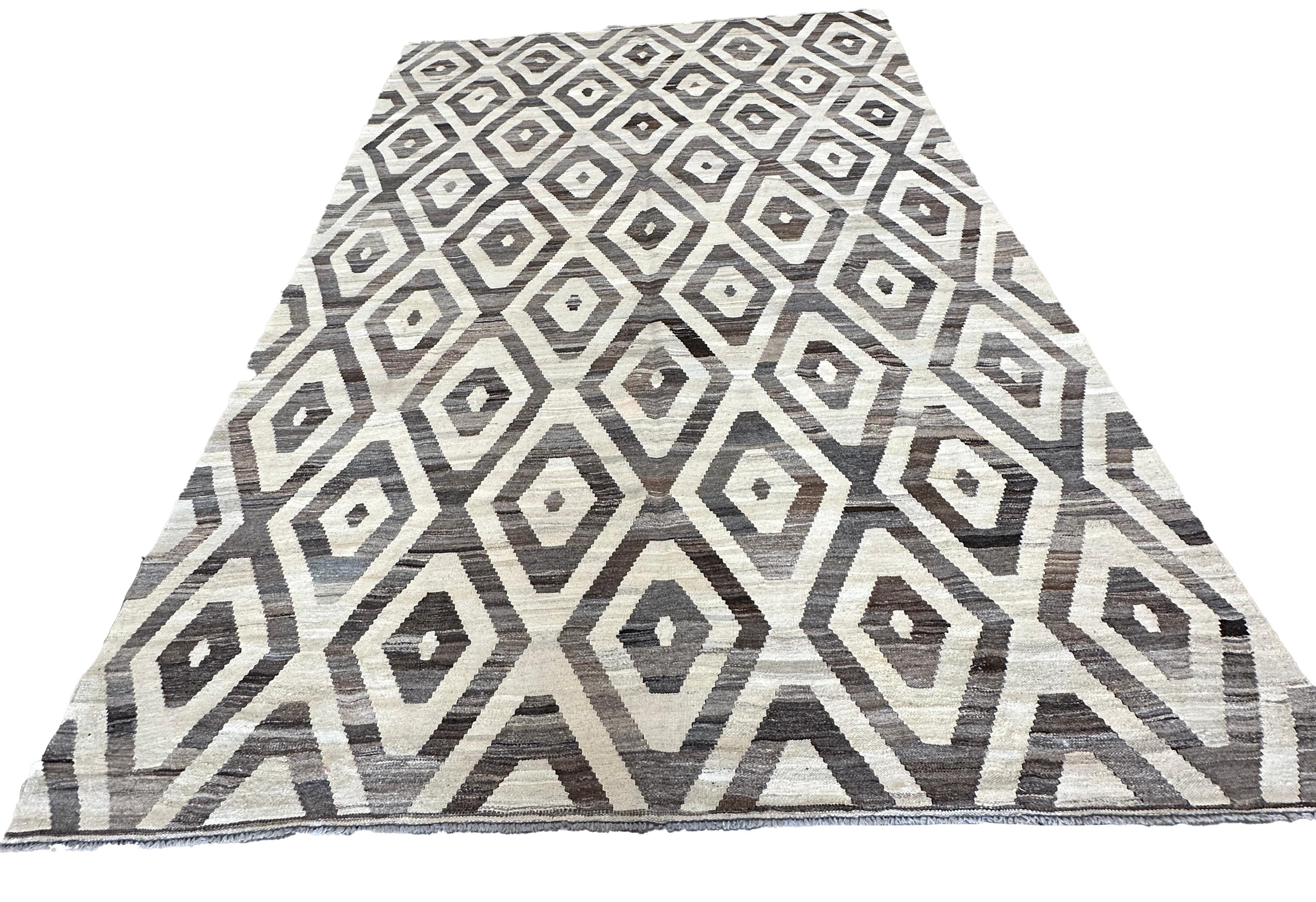 Wool Hand-Woven Brown and Cream Diamond Kilim Flat Weave Area Rug For Sale