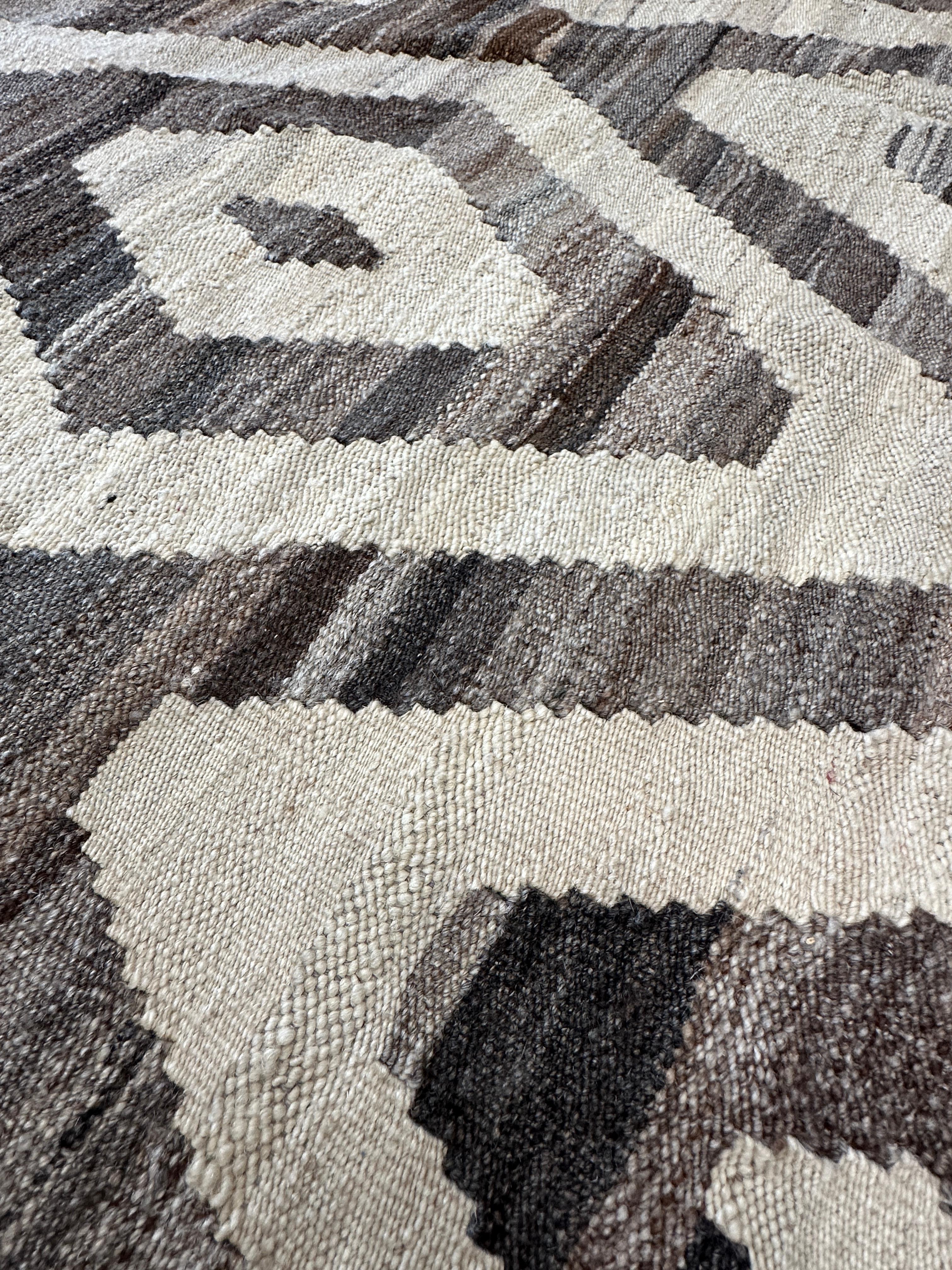 Hand-Woven Brown and Cream Diamond Kilim Flat Weave Area Rug For Sale 1