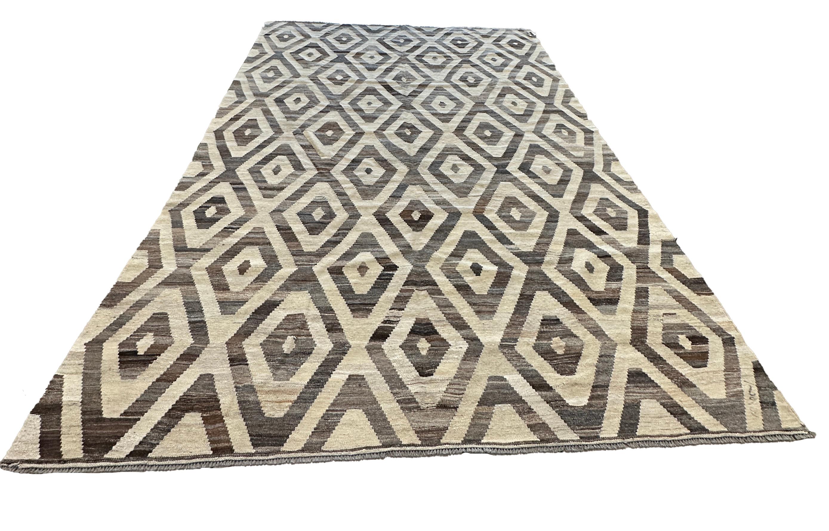 Hand-Woven Brown and Cream Diamond Kilim Flat Weave Area Rug For Sale 2