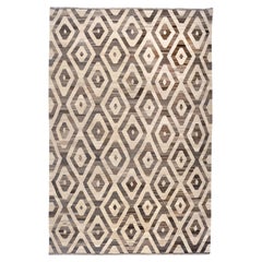 Hand-Woven Brown and Cream Diamond Kilim Flat Weave Area Rug