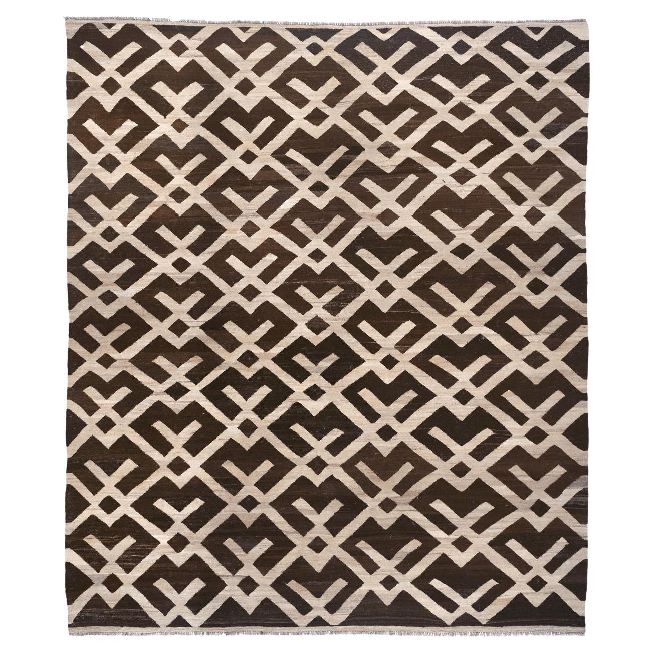 Hand-Woven Brown and Cream Diamond Kilim Flat Weave Area Rug