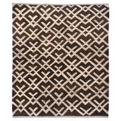 Hand-Woven Brown and Cream Diamond Kilim Flat Weave Area Rug