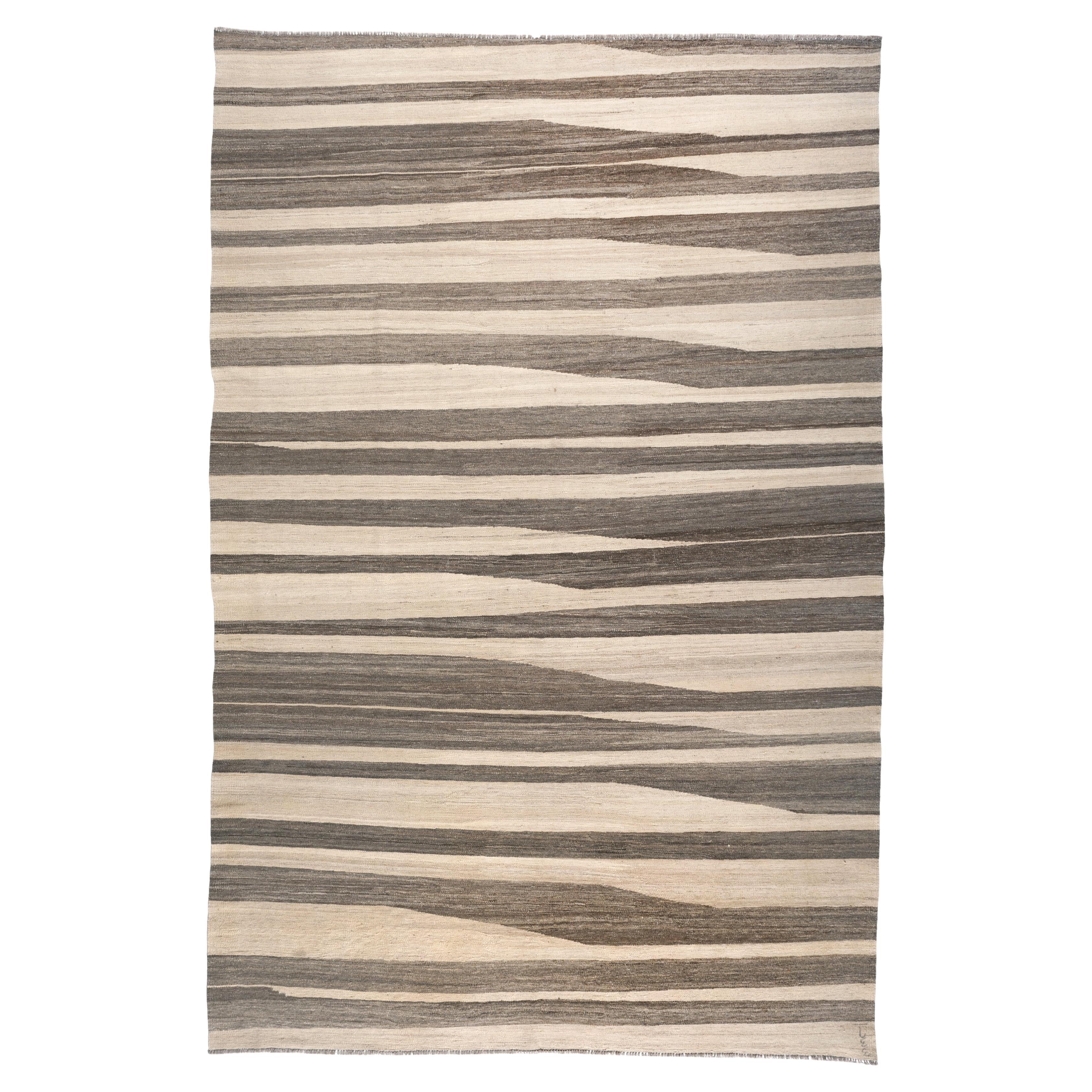 Hand-Woven Brown and Cream Kilim Flat Weave Area Rug 7x10