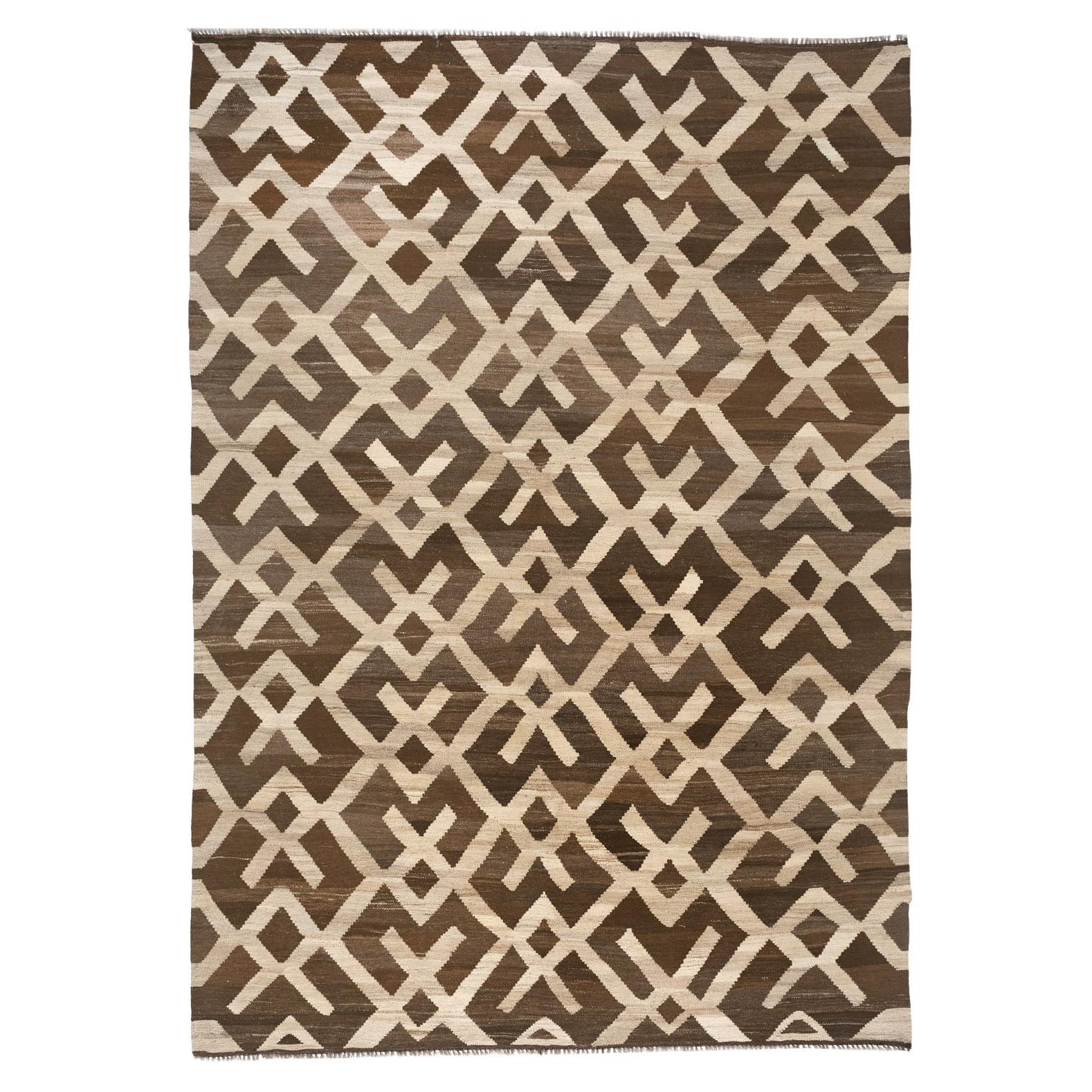 Hand-Woven Brown and Cream Kilim Flat Weave Area Rug