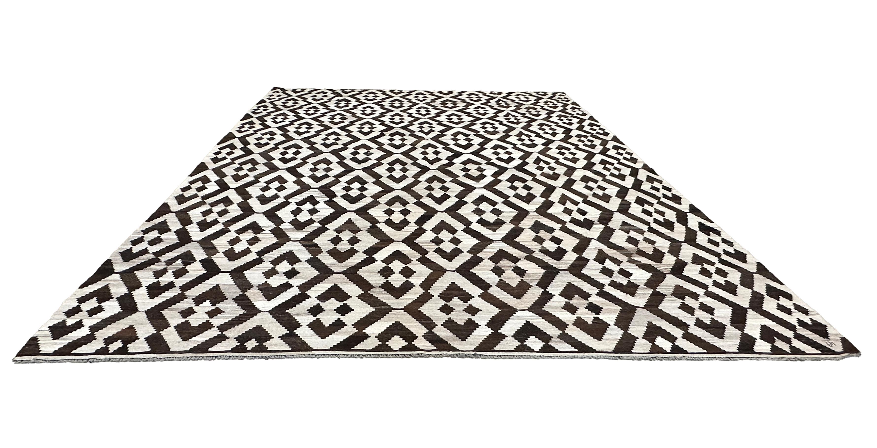 Afghan Hand-Woven Brown and Cream Zig-Zag Diamond Kilim Flat Weave Area Rug 10x14 For Sale