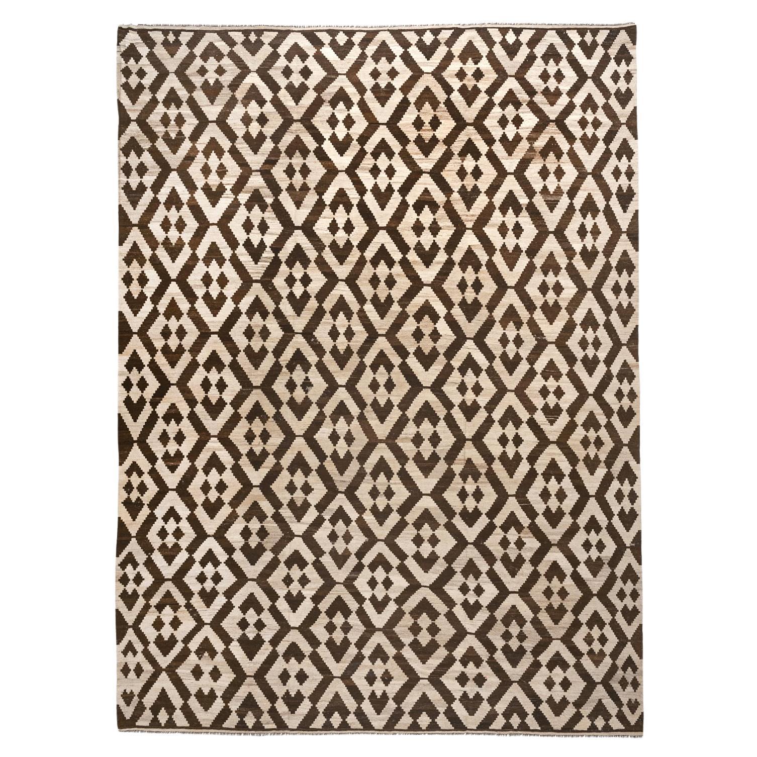 Hand-Woven Brown and Cream Zig-Zag Diamond Kilim Flat Weave Area Rug 10x14 For Sale
