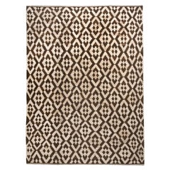 Hand-Woven Brown and Cream Zig-Zag Diamond Kilim Flat Weave Area Rug 10x14