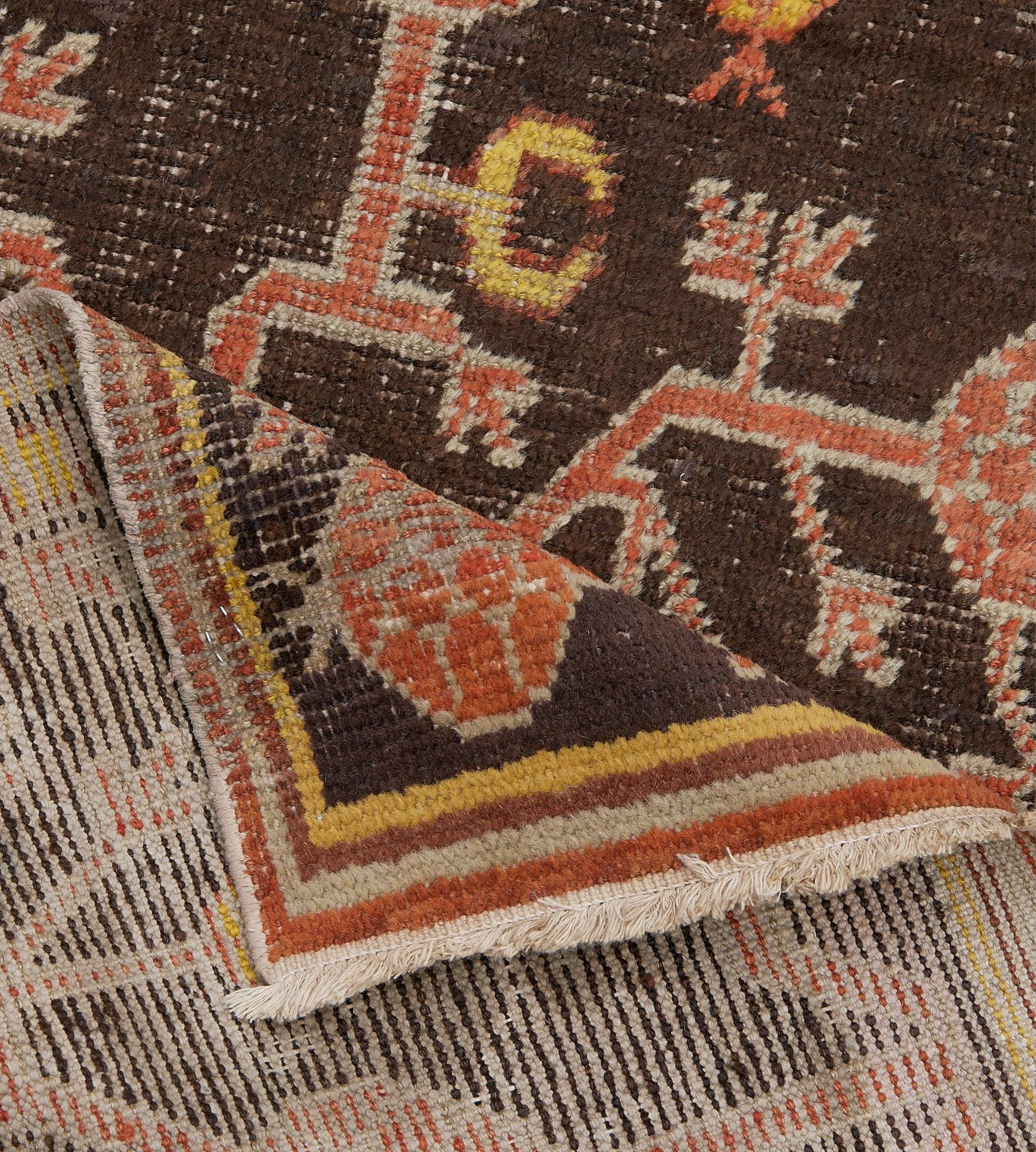Hand-woven Brown Wool Antique Pomegranate Khotan Runner For Sale 4