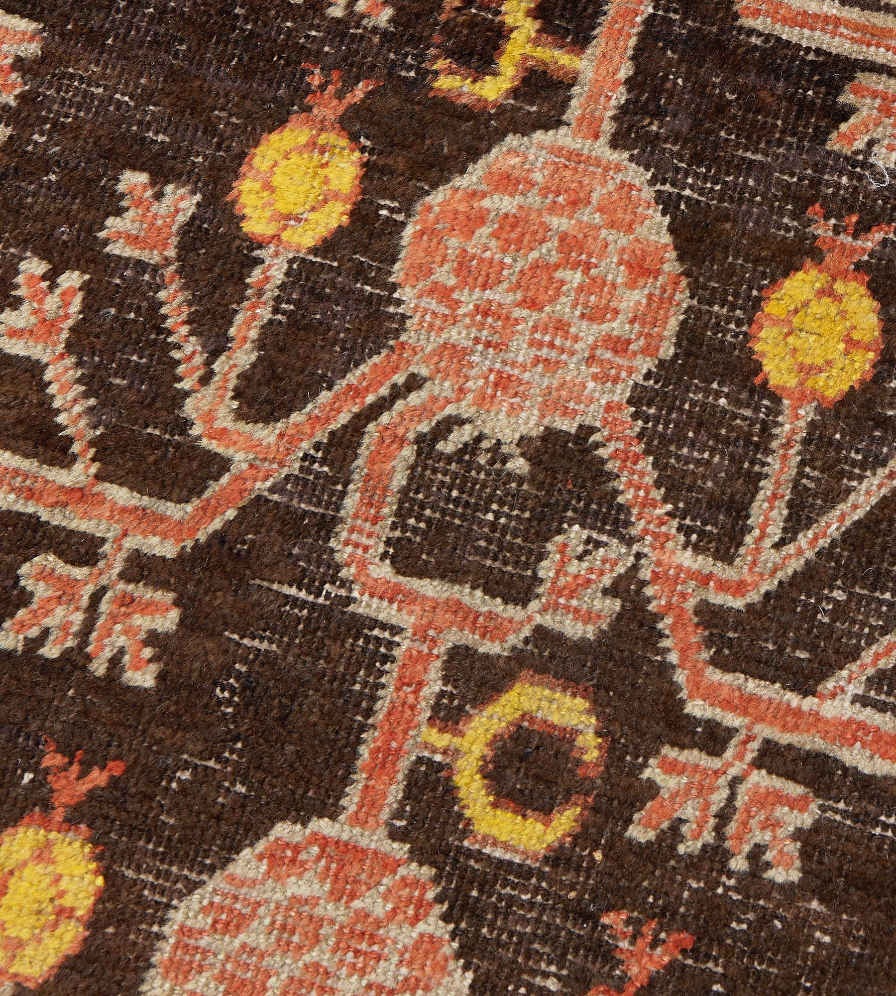 Hand-woven Brown Wool Antique Pomegranate Khotan Runner In Good Condition For Sale In West Hollywood, CA