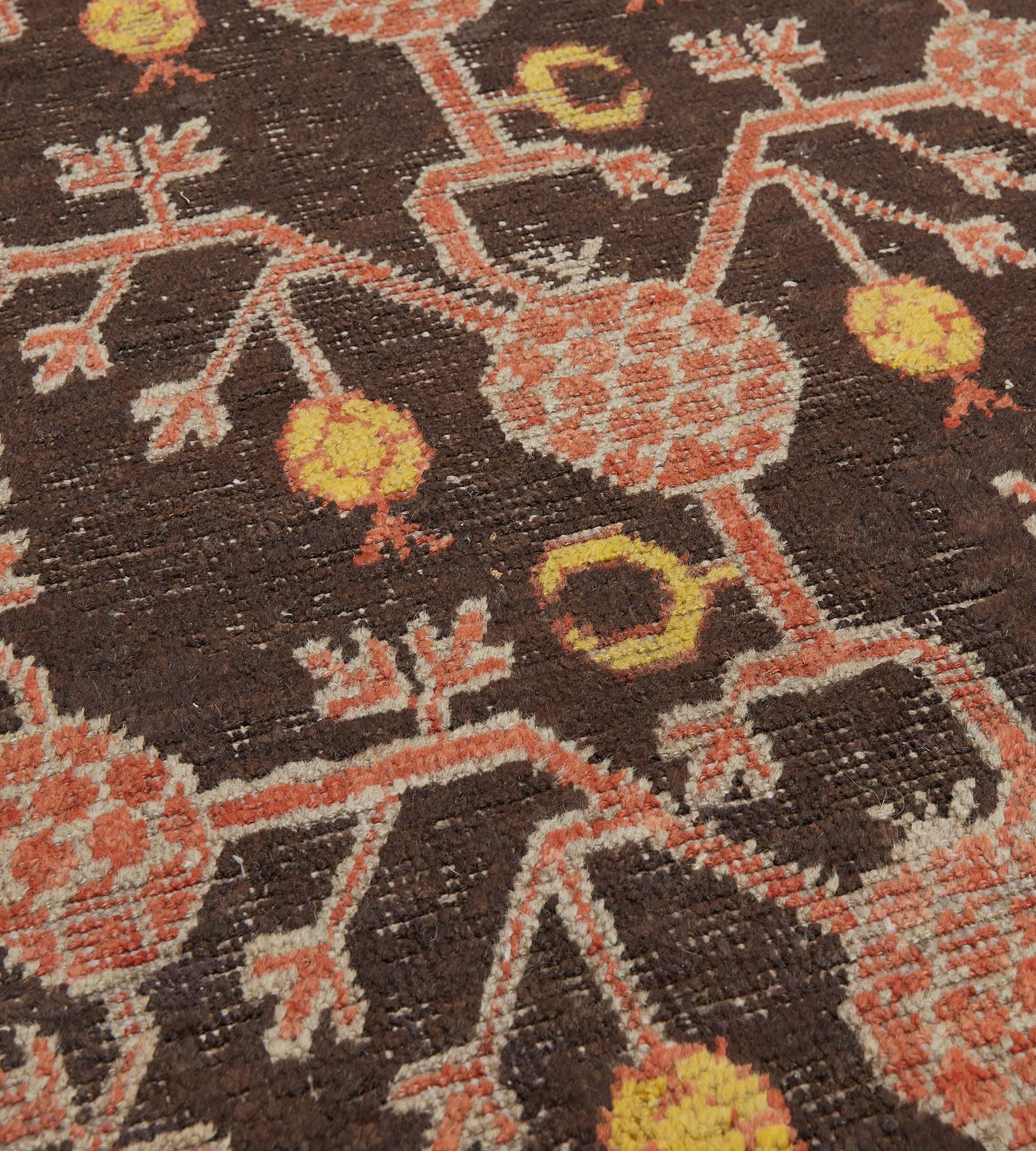 Hand-woven Brown Wool Antique Pomegranate Khotan Runner For Sale 1