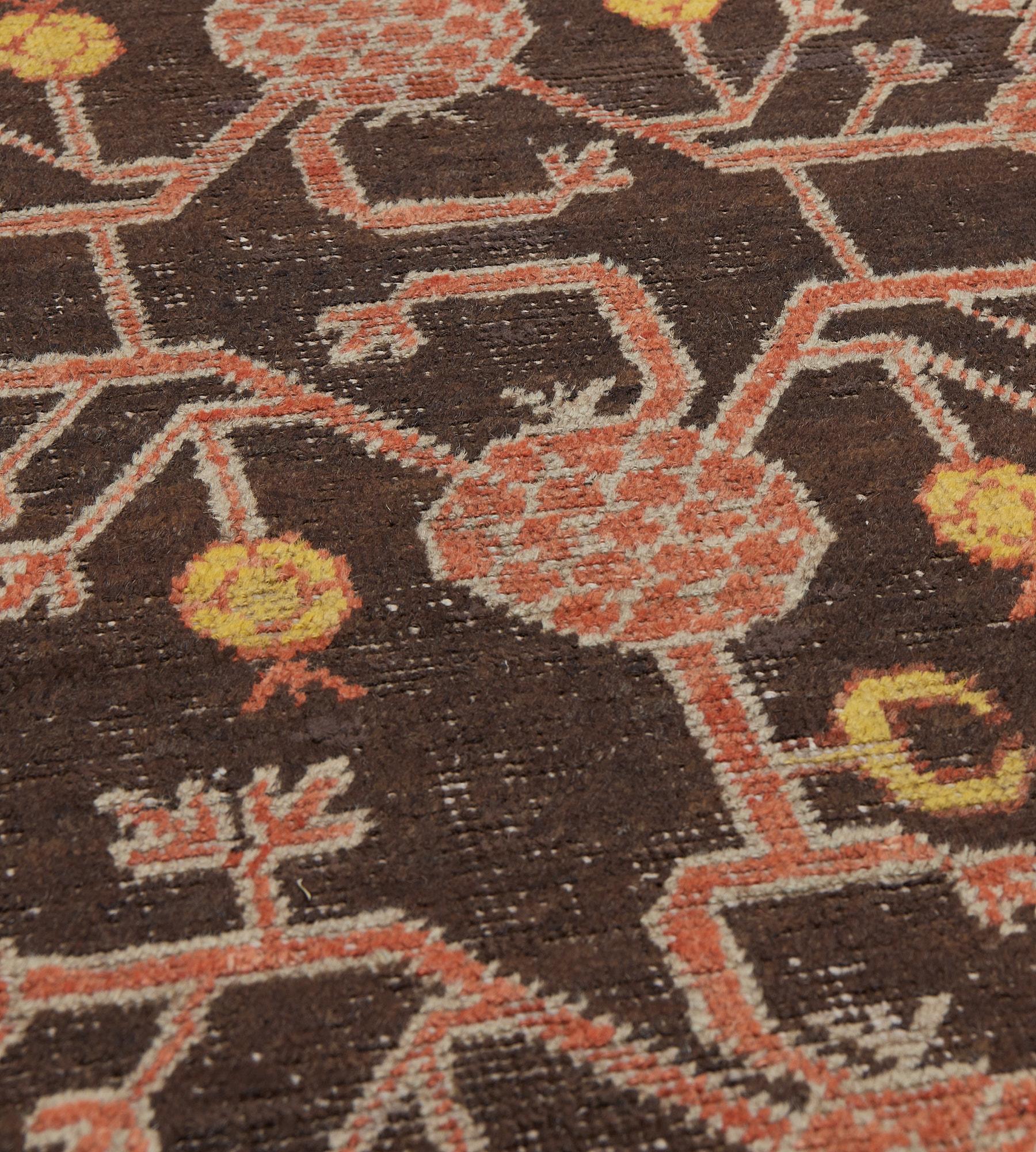 Hand-woven Brown Wool Antique Pomegranate Khotan Runner For Sale 2