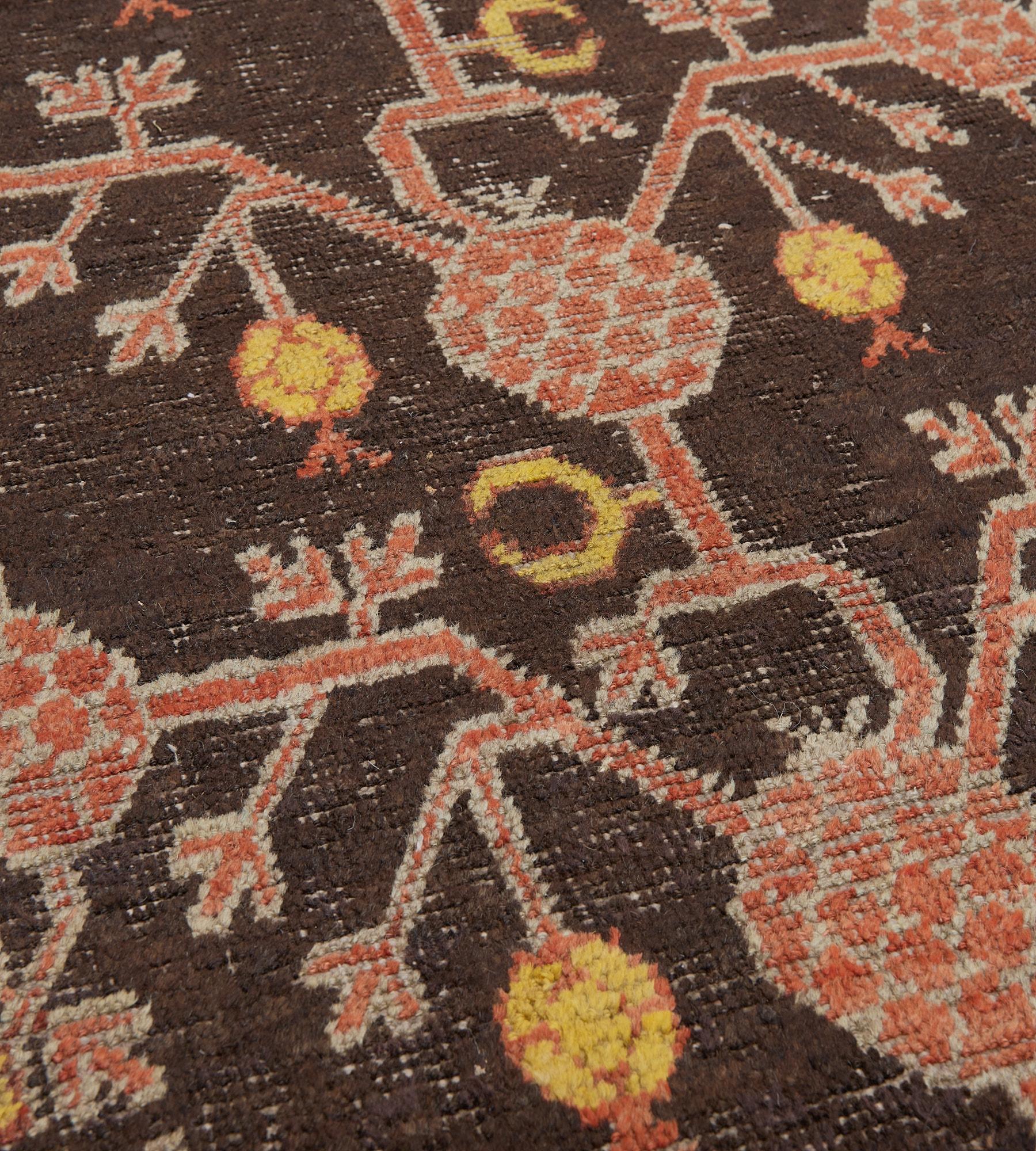 Hand-woven Brown Wool Antique Pomegranate Khotan Runner For Sale 3