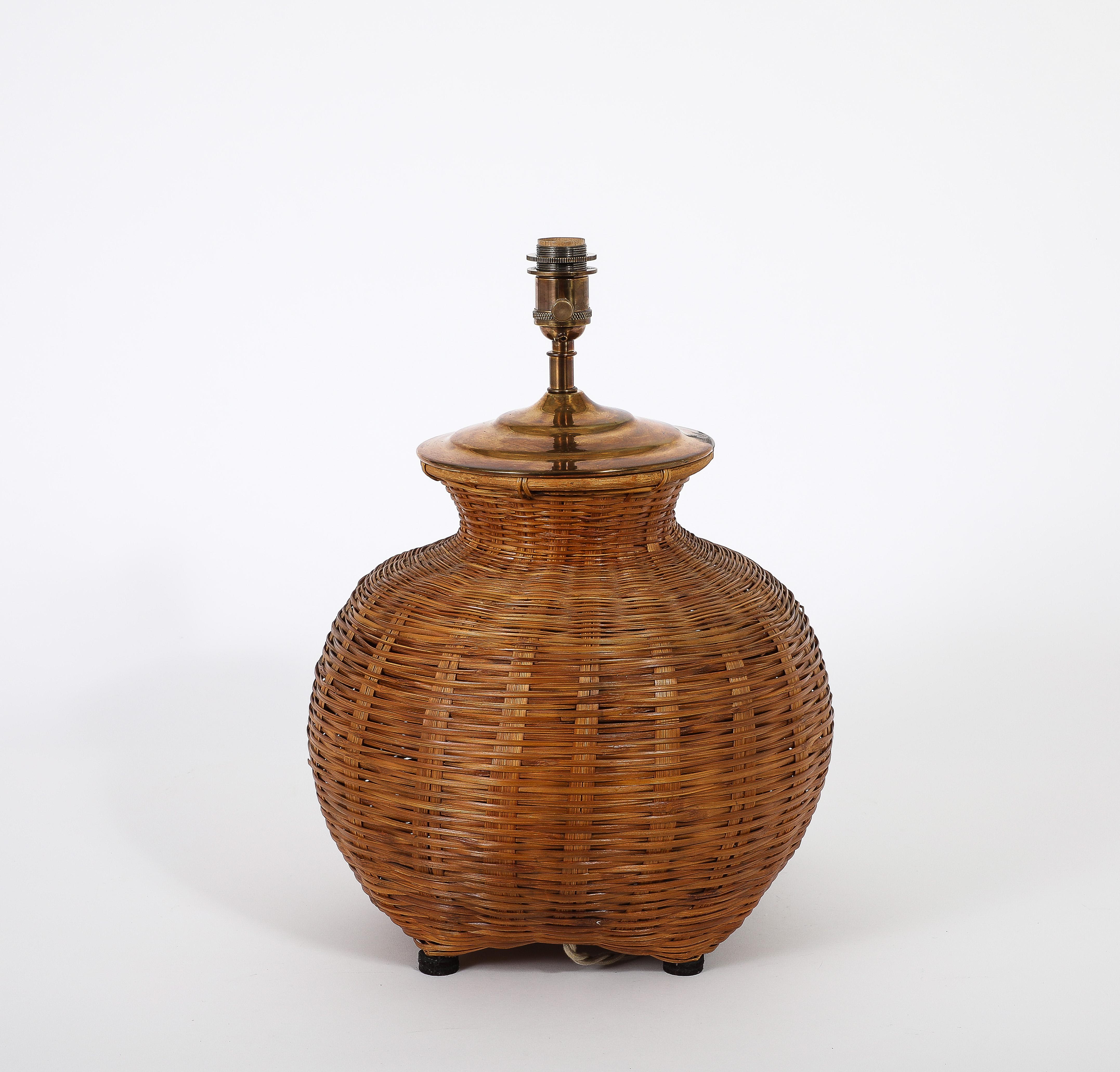 Hand Woven Caned Rattan Table Lamp, France 1970’s For Sale 3
