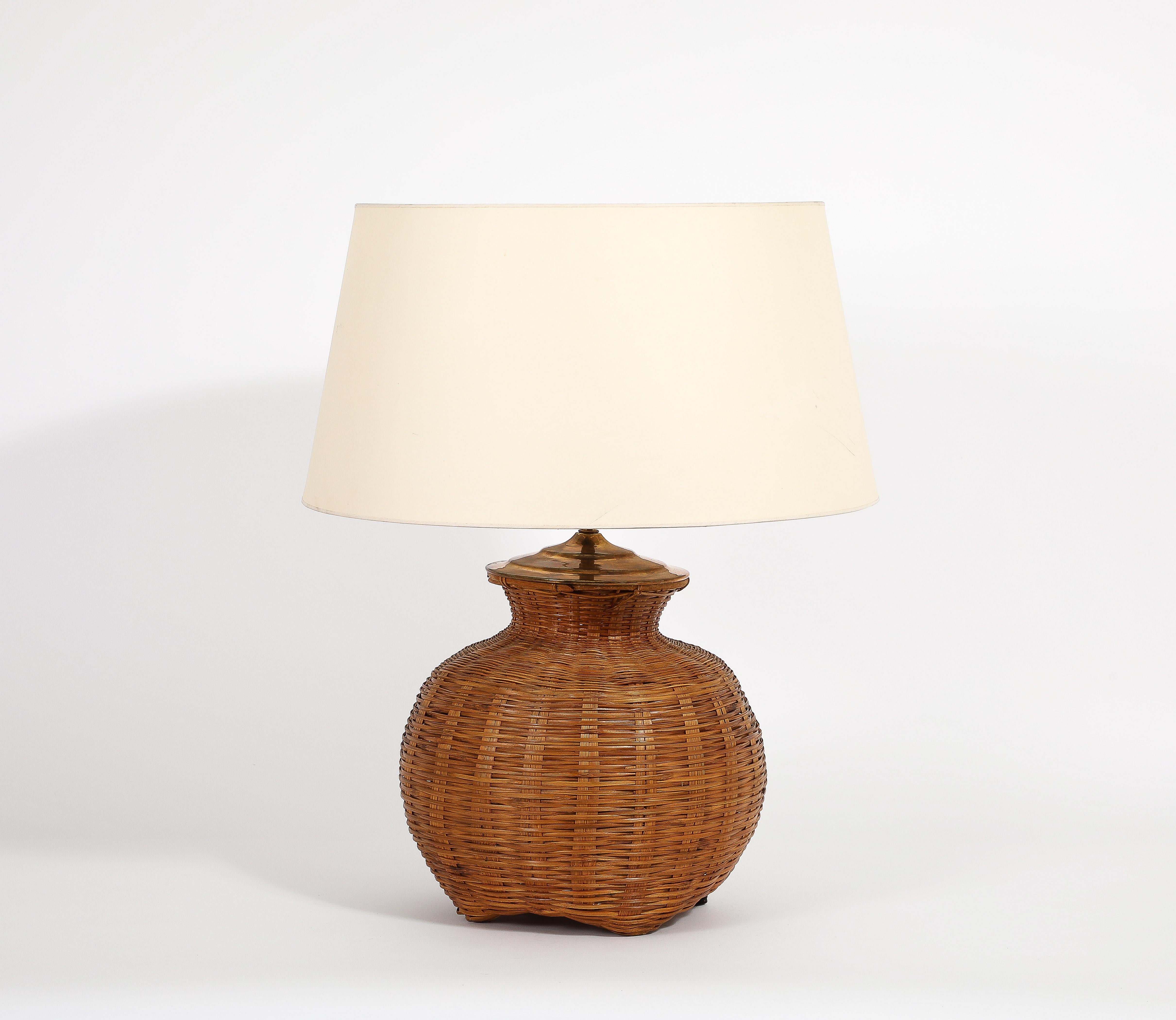 Mid-Century Modern Hand Woven Caned Rattan Table Lamp, France 1970’s For Sale