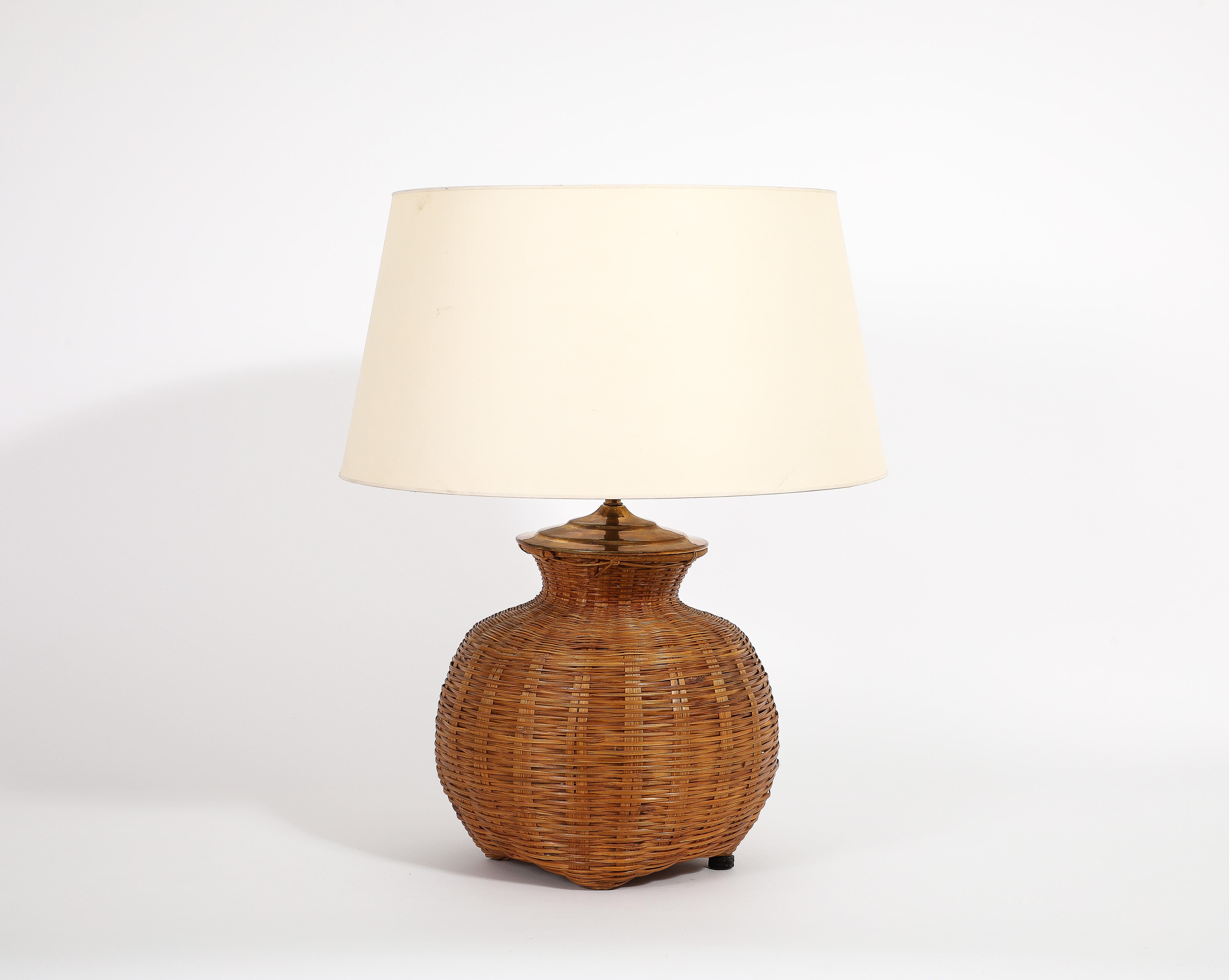 French Hand Woven Caned Rattan Table Lamp, France 1970’s For Sale