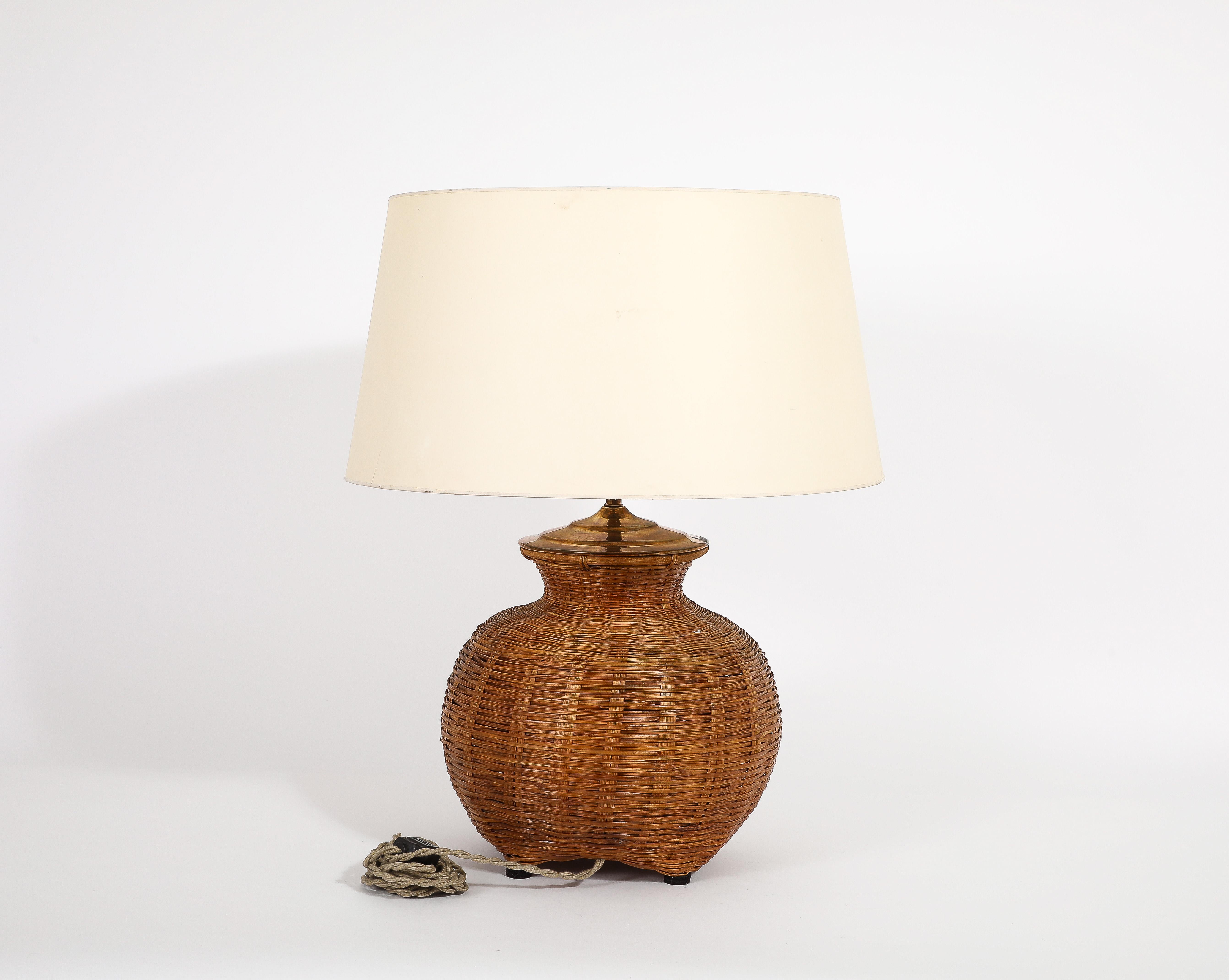 Caning Hand Woven Caned Rattan Table Lamp, France 1970’s For Sale