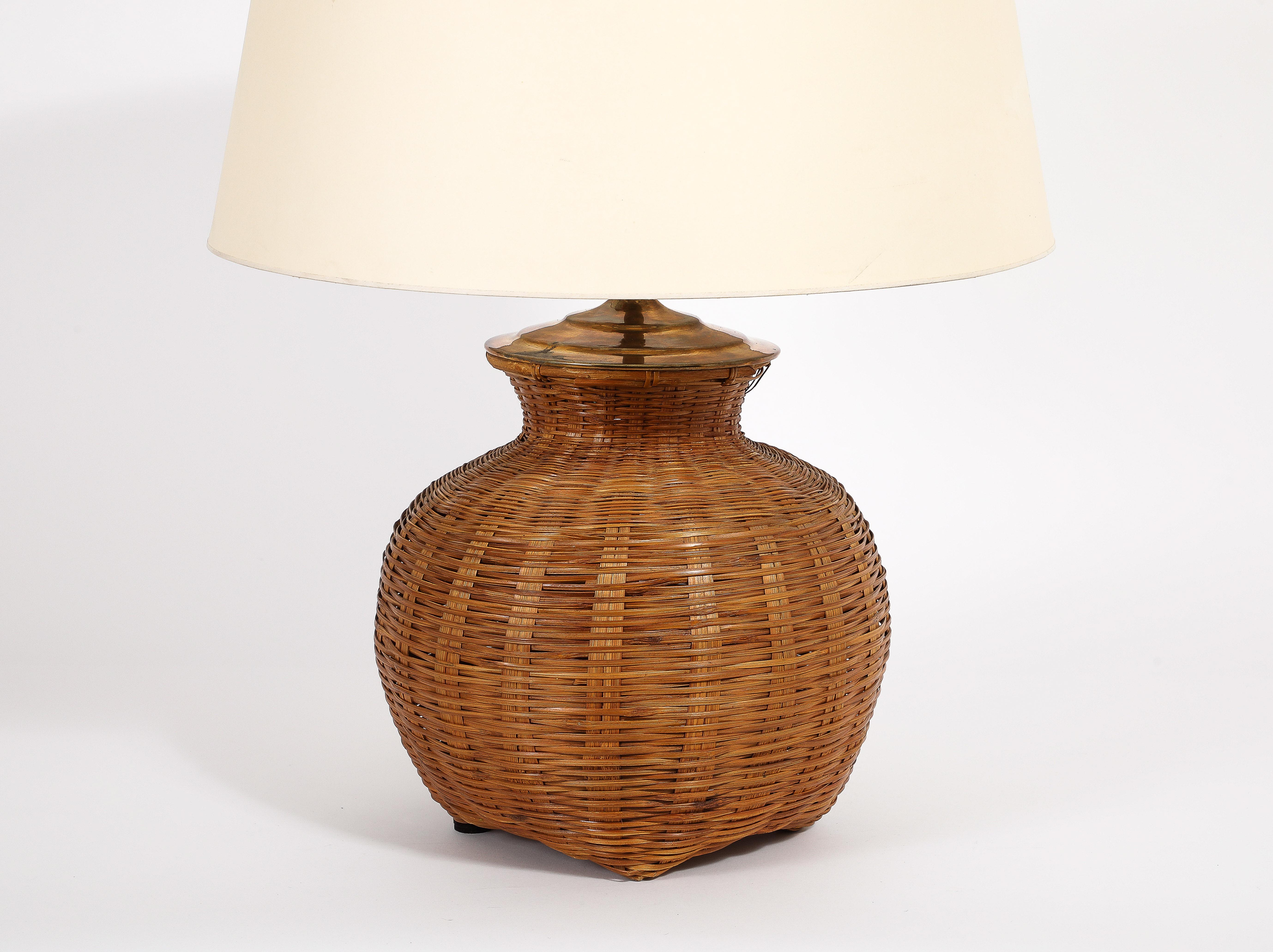 Late 20th Century Hand Woven Caned Rattan Table Lamp, France 1970’s For Sale