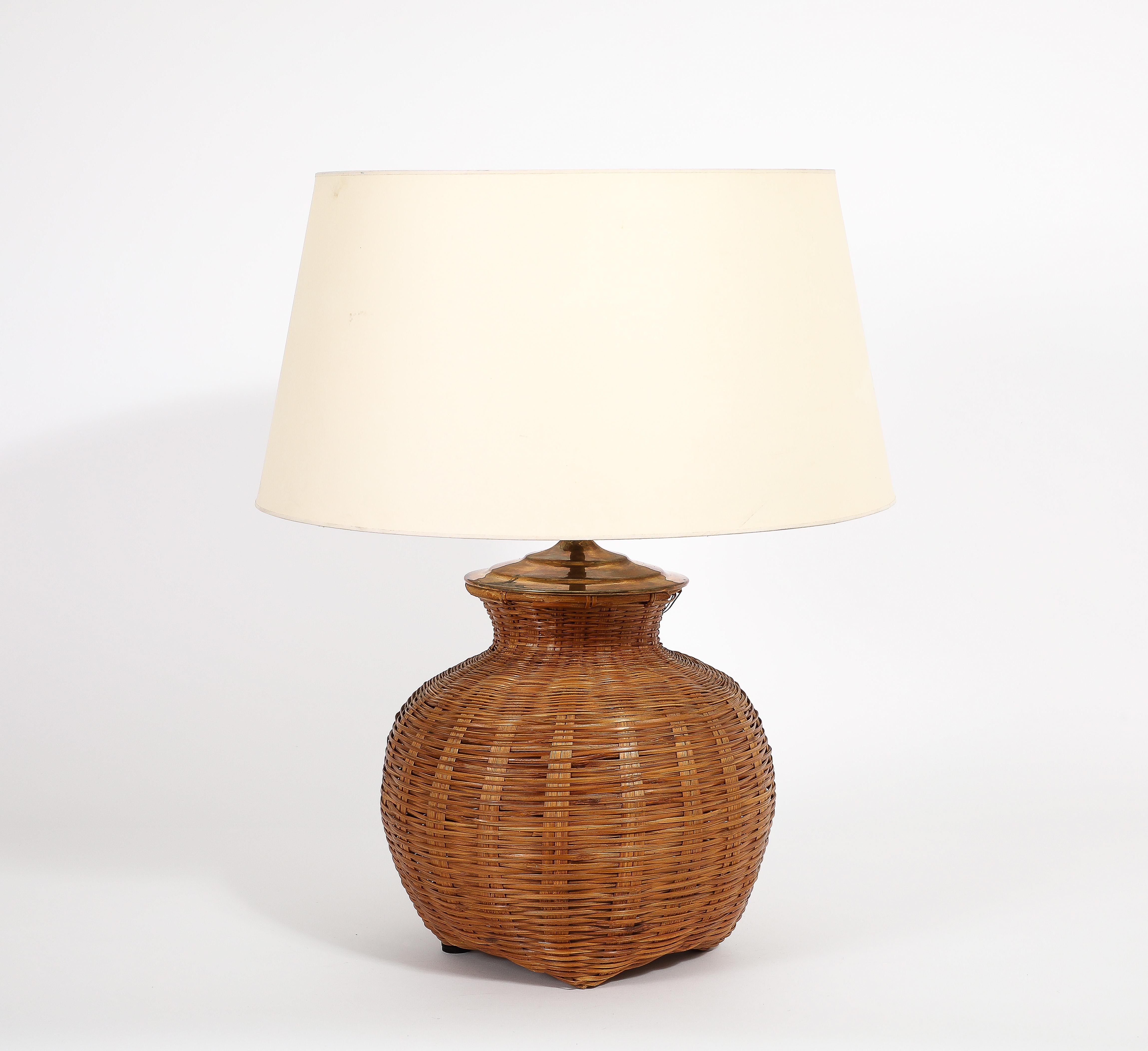 Hand Woven Caned Rattan Table Lamp, France 1970’s For Sale 1
